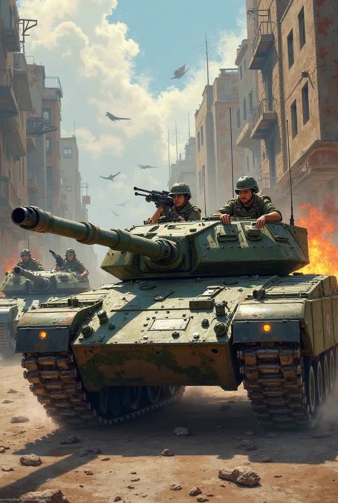 Create a color drawing of a tank with the Israeli flag invading Palestine, with the floor and buildings destroyed and people on the sides trying to cover themselves in fear