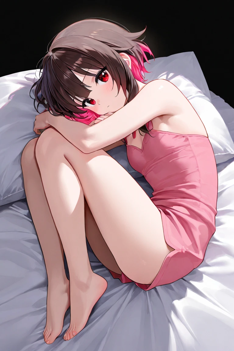 1woman in, mature, adult, 25yo, Solo, (short black wavy hair, small breast), (lying on bed), bedded, (luxury room), red panties, serious, blush, naked,(hiding chest with one hand) , panties, holding her body with her hands, intricate lace panties, lain in bed, smiling, coquette