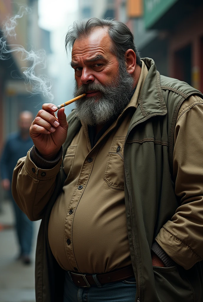 Muscular chubby old man, gangster 50s of the 20th century, mature dad, domineering and sexy sharp stern  face, short beard, wearing only a long open cashmere coat, hat on head and cowboy boots, right hand holding a Thompson submachine gun raised, smoldering cigar in left hand, hairy chest with small protruding nipples, bearish hairy belly, penis, nasty erection, hair on chest and belly stuck to the skin from sweat, dad's pose is repulsive and sexually alluring to him, full body side view, Chicago in the 50s , twilight,(best quality, 4k, 8k, high, masterpiece: 1.2), ultra detailed, ( realistic, photorealistic, photorealistic: 1.37), detailed face, intricate details, cinematic lighting, dramatic lighting, cinematic angle, cinematic pose, dark shadows, dramatic shadows