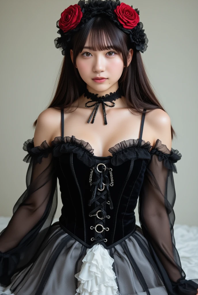 Seductive face、Looking into the distance、Gothic Lolita Outfit,((Wearing a pet collar on a belt)),slave