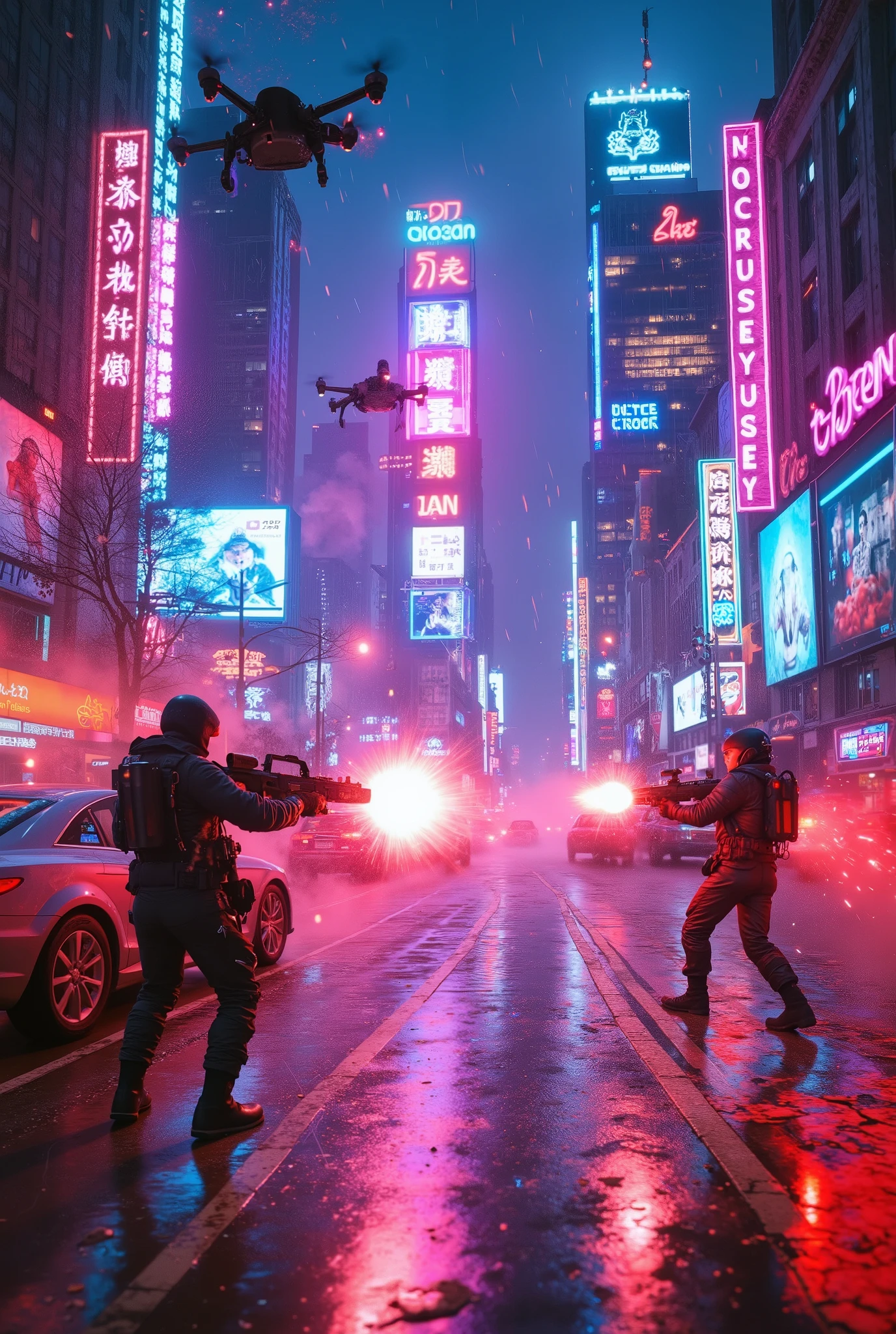 **A cinematic, photorealistic cyberpunk gunfight erupts in a neon-lit, rain-soaked cityscape. Holographic ads flicker, skyscrapers loom, and neon reflections shimmer on the wet pavement.
In the foreground, a cybernetic mercenary takes cover behind a sleek vehicle, dual-wielding high-tech pistols that fire glowing tracer rounds. Across the street, an opponent with robotic enhancements returns fire, their optic visor scanning for targets as plasma rounds sizzle through the air.
Sparks fly, glass shatters, and the battle unfolds in a haze of smoke, rain, and muzzle flashes. Above, aerial drones hover, scanning the chaos, while a massive glitching holographic billboard looms in the background, bathing the scene in pulsing neon light.**