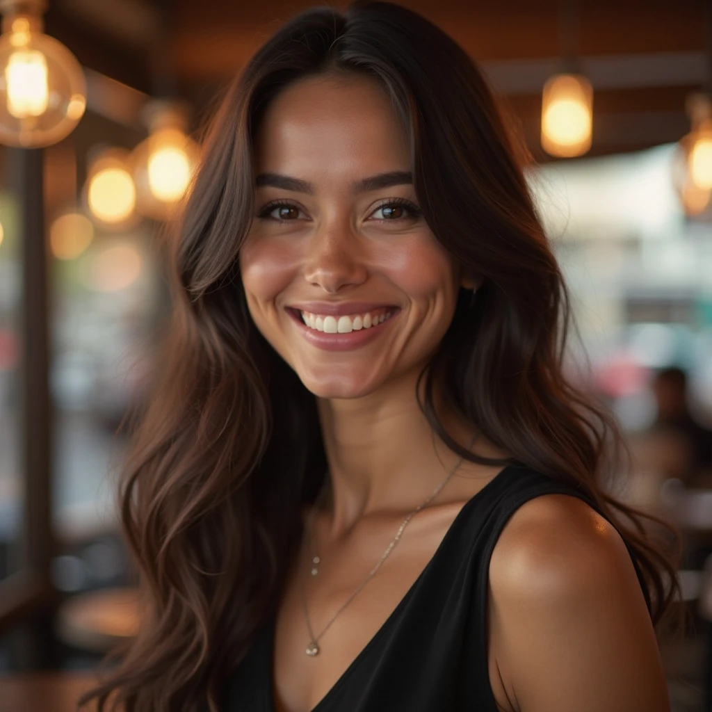 ((A mature woman sits in front of a café)),((cleavage)). 40k, Photography, Masterpiece, Best quality, dark grey background, ((Mature women, Wife, Mom, A MILF)), Perfect face, ((1 girl with brown eyes and gorgeous light black hair)). a Pretty Mexican woman,full soft breasts, 4 woman, mom, long dress. Ultra-detailed face, Detailed eyes, Embarrassed, Smile, Summer, Daytime, full body, dated