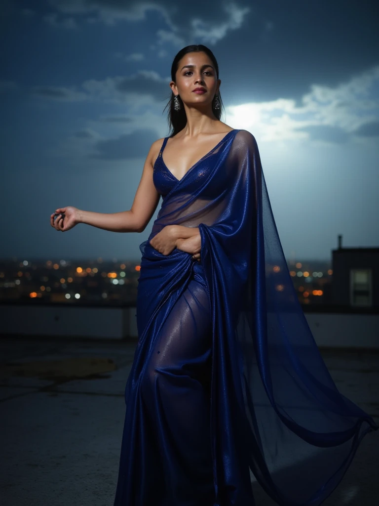 masterpiece, best quality, a sexy mature women, face of pv sindhu and tapsee pannu in a red lips, (colorful),(finely detailed beautiful eyes and detailed face),cinematic lighting,bust shot,extremely detailed CG unity 8k wallpaper,wavy hair,solo,angry face,sleepwear blue lace nightgown dress, seductive, sexy pose, ((flying petal)), sky, cloudy_sky, building, moonlight, moon, night, (dark theme:1.3), light, fantasy,