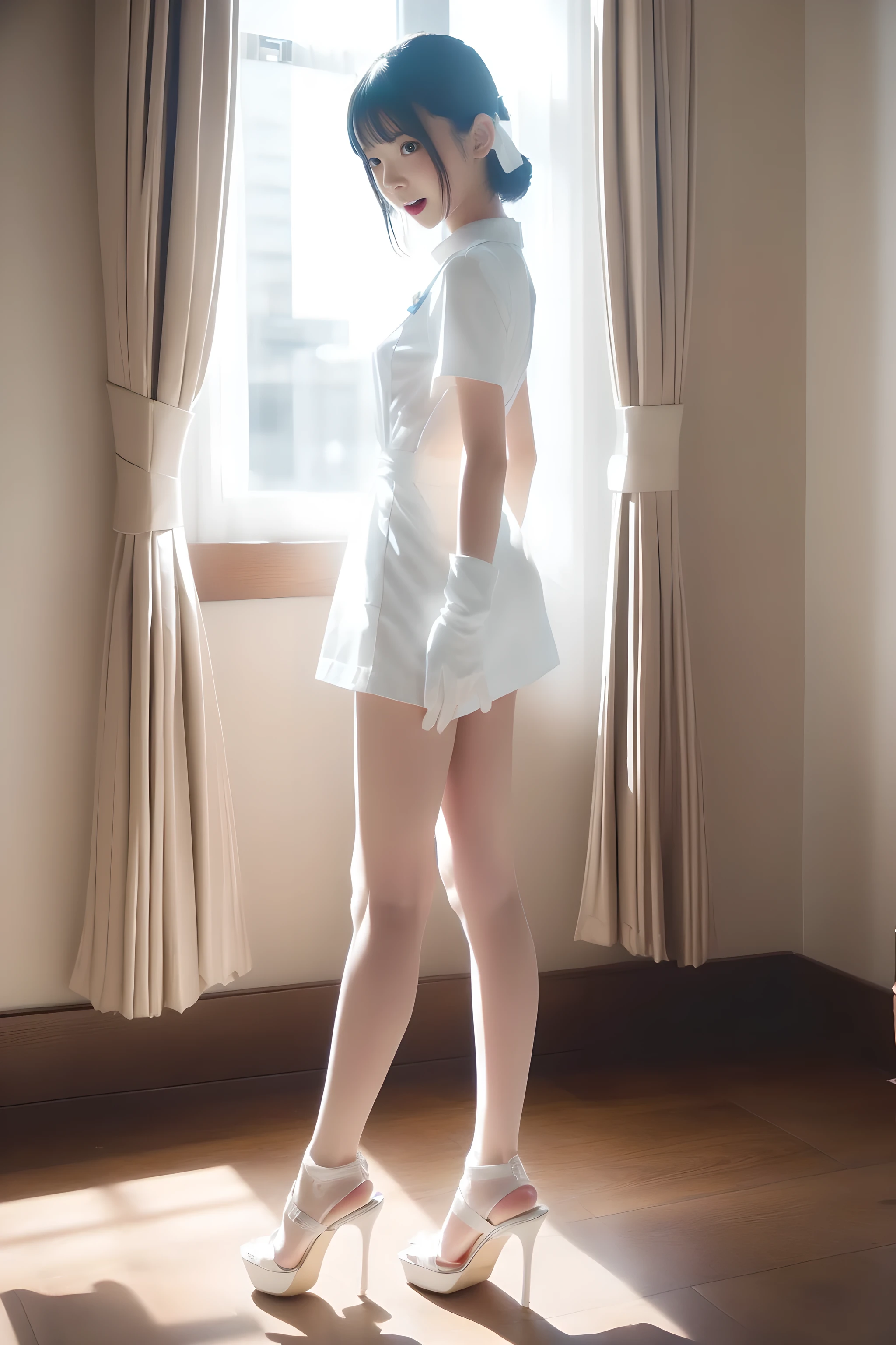 maidennurse、Bare-skinned maiden、Viscous clear liquid、(Lie face up)、Hands separated by chains、strife、((Off-shoulder translucent white blouse))、(Loose dark blue tie)、((Translucent wet white panties))、Silver-white hair、(blue eyess)、(Full Body Angle)、