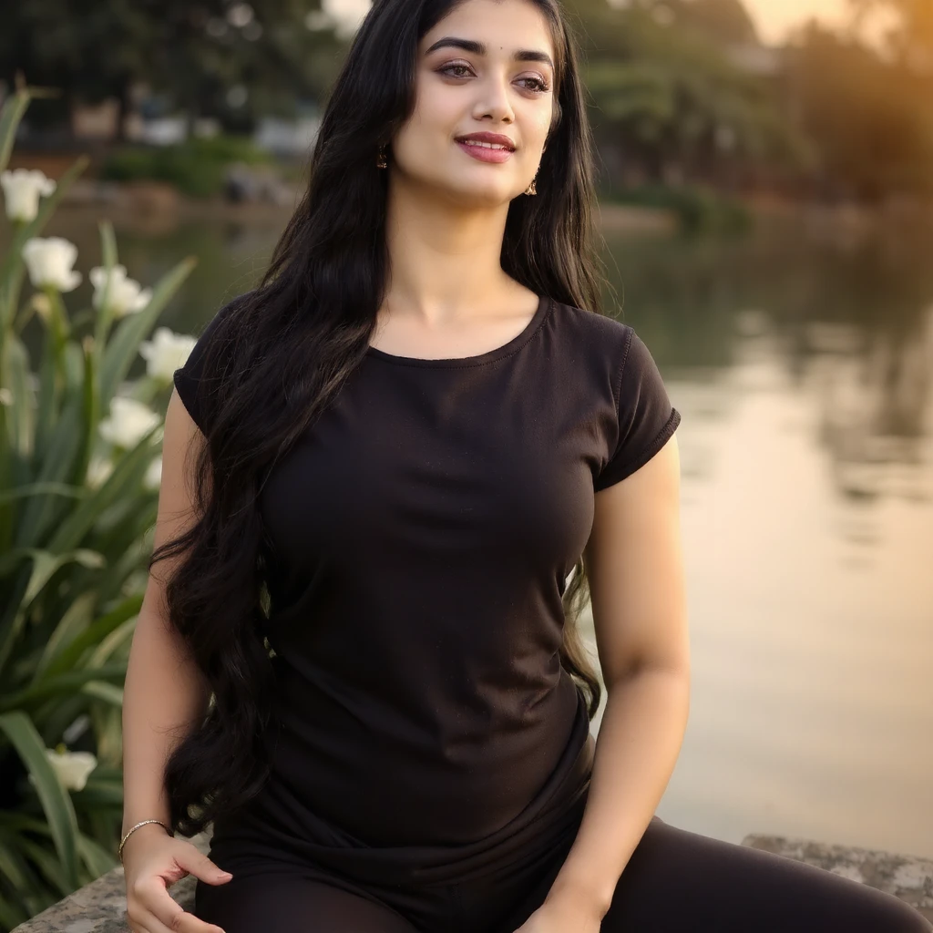 Generate the image: "A closeup of the right side of the face of a  graceful and flexible plump young Indian woman in her mid-20s, with fair skin and long black hair, is depicted doing yoga in a serene green park and a peaceful environment. She wears a loose and comfortable white and black pants and a matching top, both made of stretchy and breathable fabric. Her eyes are looking to the right as she focuses on her breathing and embraces her face exuding a sense of calmness