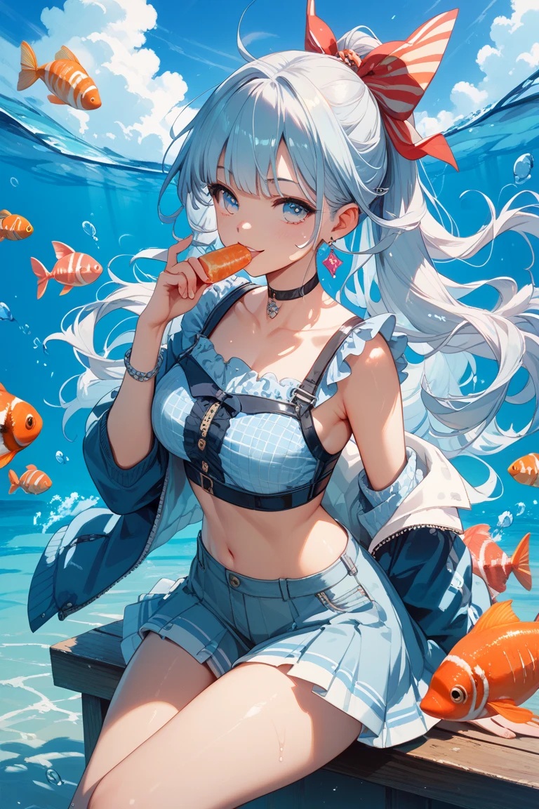 (masterpiece), (best quality), (ultra detailed),(disheveled hair),(illustration), (1girl), (Fashionable clothing), standing, Fashion model, looking at viewer, (interview), (simple background),beautiful detailed eyes, delicate beautiful face, Floating,(high saturation),(colorful splashes),colorful bubble,(shining), focus on face, ponytail, kamisato ayaka, light blue hair, bangs, hair ring, floating flowers, floating hairs, (shining), best lighting, best shadow,masterpiece, top quality, best quality, swimsuit party, in the water,fish,watermelon,cute style, perfect structure, summer theme