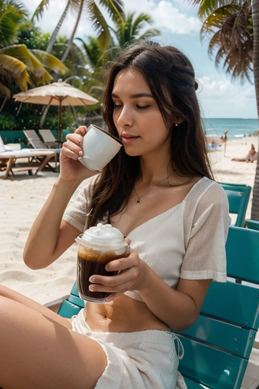 A skull dressed as a woman drinking coffee in front of the sea