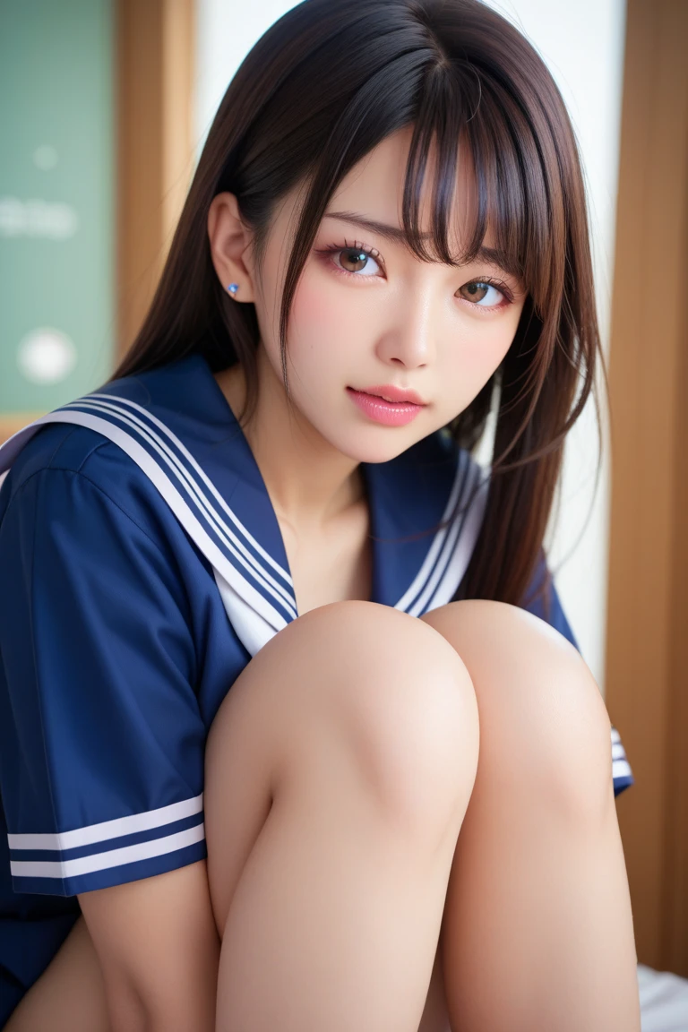 masterpiece、最high quality、high quality、high quality、premium quality、wonderful品質、Exceptional quality、excellent quality、Luxurious quality、excellent quality、best image quality、8K、super resolution、最High resolution、High resolution、最high quality、Rich shades、shining quality、crystal clear、realistic images、perfect details、Image without defects、clear image、wonderful表示、bright colors、deep contrast、high fidelity、amazing clarity、optimal performance、realistic、wonderful、perfect image、Close to reality、Realistic human body in every detail、Realistic skin in every detail、Realistic face in every detail、Realistic eyes down to the details、Realistic lips in every detail、Realistic teeth in every detail、Realistic ears down to the last detail、Realistic hair down to the last detail、Realistic arms down to the last detail、Realistic reproduction of every detail、Realistic fingers in every detail、(fine hands、thumb1reference4)、Realistic feet in every detail、pretty girl、beautiful girl、attractive girl、attractive young woman、wonderfulティーンエイジャー、adorable girl、Shining Girl、innocent girl、sweet girl、beautiful adolescent girl、cute young woman、 the girl who captures your heart、dazzling girl、elegant girl、((japanese model))、((18歳のbeautiful girl))、(black hair)、(random hairstyle)、((whole body))、((beautiful upturned chest))、(slim style、slender style)、(whole body光沢肌、Fair skin)、Detailed and realistic human body、detailed realistic skin、detailed realistic face、detailed realistic arms、detailed realistic fingers、Detailed realistic feet、soft natural light、sailor suit(summer clothes)、sailor suit(Winter clothes)、sailor skirt、sneakers、high school student、Junior School、((Sheer Mesh(クロップトップsailor suit、ミニsailor skirt))、((Squatting on bent knees in a school classroom(Pose that makes your thighs look beautiful))、random close-up