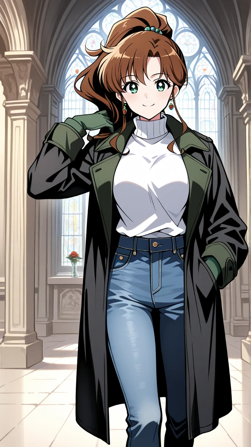 Digital painting depicting a woman in her mid-20s, Wavy brown medium hair, green eyes, , Soft features , in the house ,Wearing a black blazer、She wears a turtleneck dress underneath, 1 girl, modern clothes, Beauty mark under the right eye,