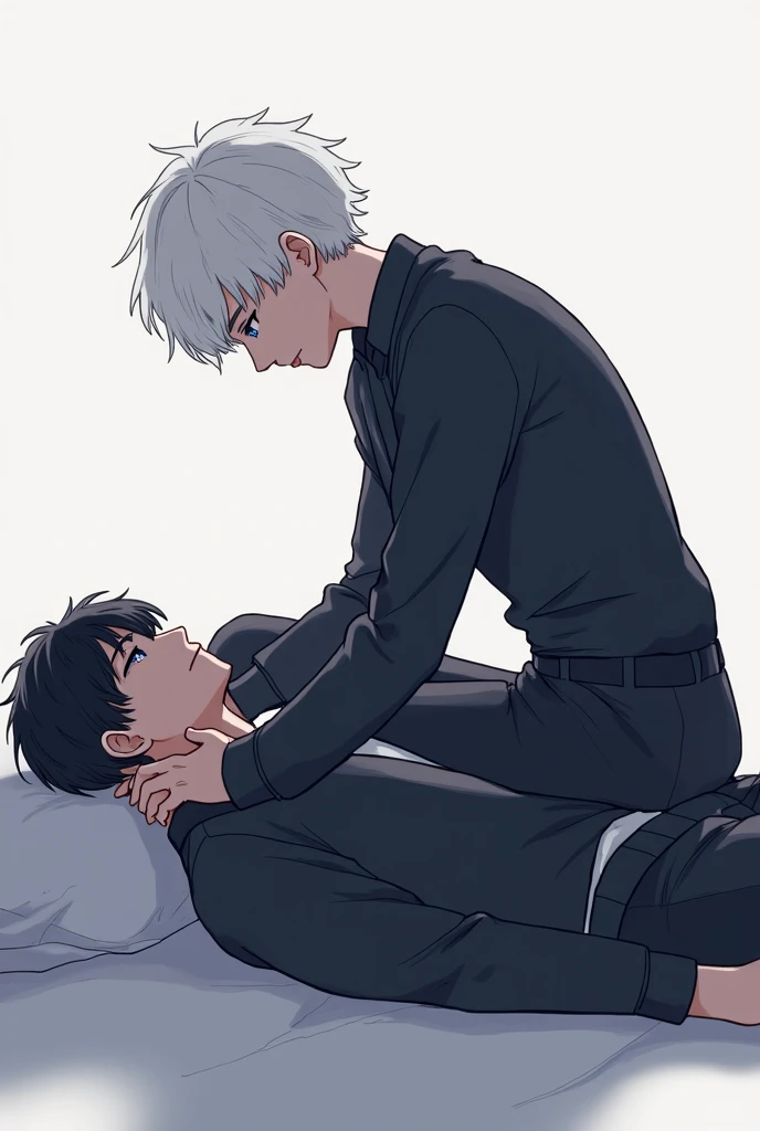 silver underwear, cum on face, revealing underwear, bedroom, red lights, sweat, flushed, pale skin, naked, sexy, трахают в анал, 2 boy, sex,, Two Boys, eyecontact, Two people staring at each other, Boy's room、a bed、Two lovers、Boys Love、hight resolution、ultra-detailliert, boy with short dark blue hair and pink eyes with muscle, big boy with short white hair and black eyes, needs, , gay sex, tongue out, cum on tongue, cum on face, ahegao, wild sex, two big boys