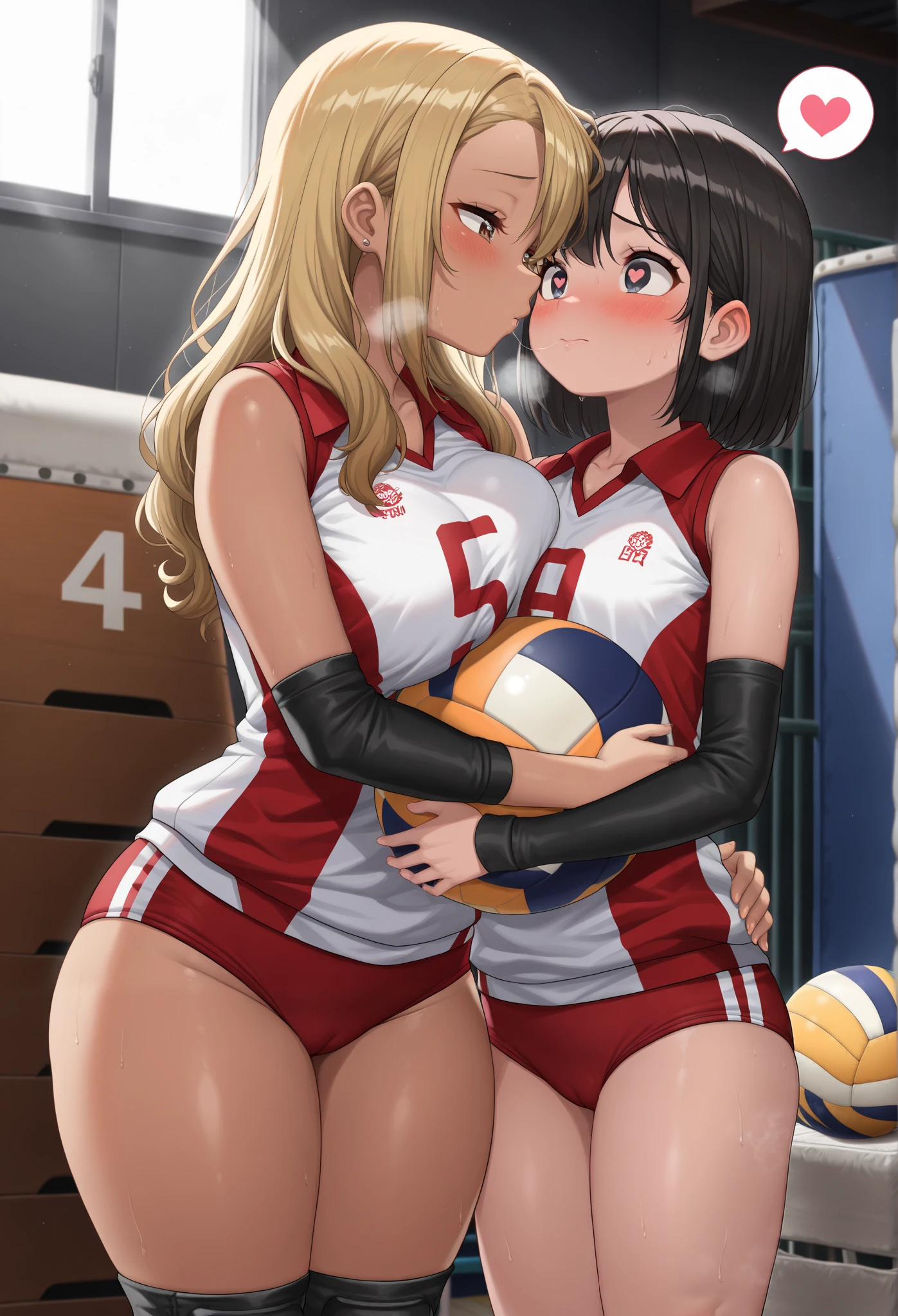 masterpiece, best quality, amazing quality, 2 girl, (gyaru:1.2), volleyball uniform, buruma, holding ball, (yuri:1.4), hugging each other, kiss, holding ball, (young women:1.4), thick thighs, Collared volleyball uniforms, sleeveless, (buruma:1.2), volleyball knee pads, elbow sleeve, (the perfectly spherical 8.5” volleyball ball:1.3), (blush:1.4), camel toe, (chubby:0.8), curvy, (sweat, Covered in sweat, covered in perspiration:1,4), (deep breathing:1.4), spoken heart, perfect anatomy, in gym storeroom, eye contact, cowboy shot, (4k,8k,highres:1.2), ultra-detailed, studio lighting, extreme detail description, professional, vivid colors, detailed eyes,detailed lips, dramatic lighting, highly detailed sports uniform, soft focus background, (shy, embarrassed expression:1.4), dashed eyes, medium breasts, saliva trail, Matching uniforms, heart-shaped eyes
