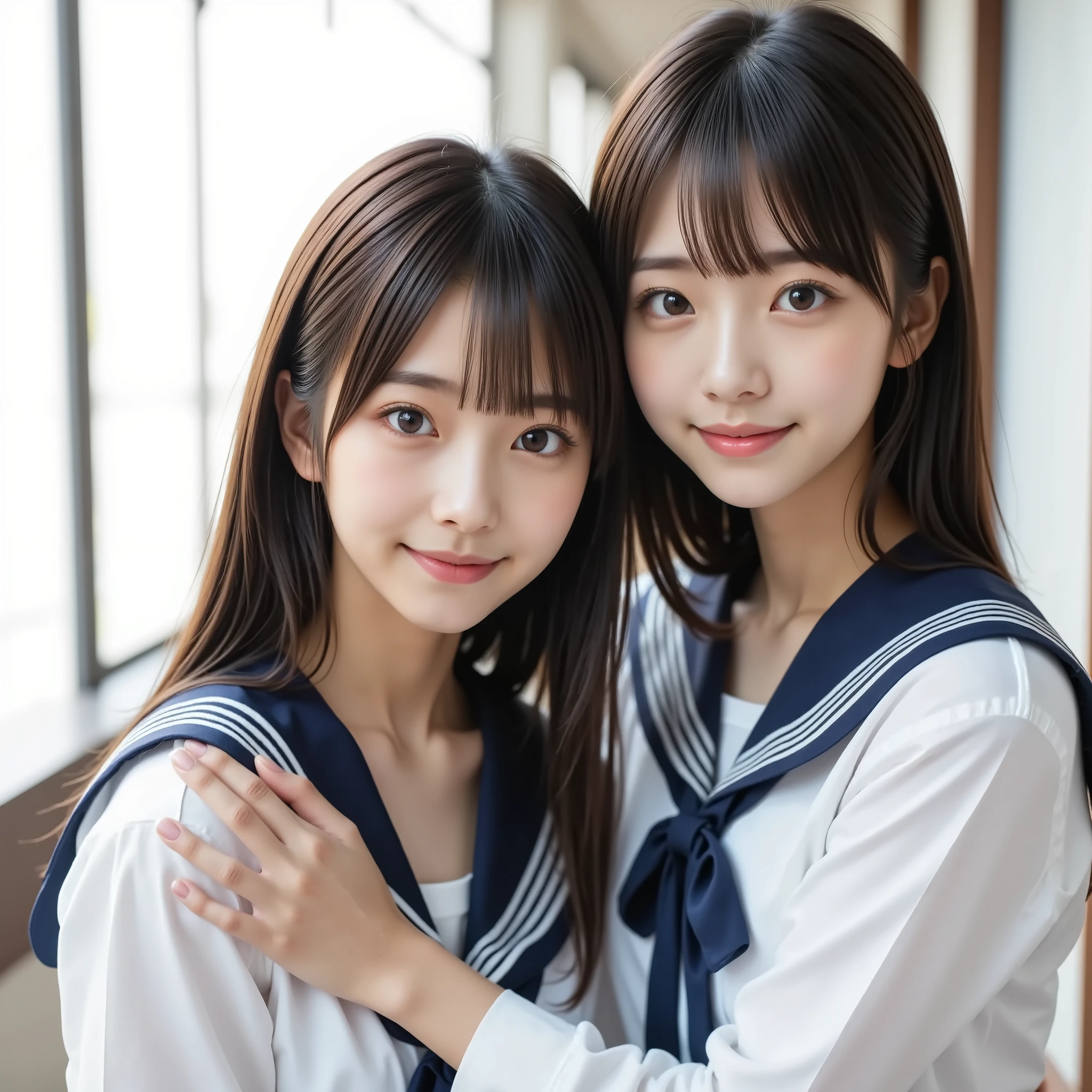 (realistic, photo-realistic:1.4), ( Best Quality, masterpiece :1.2), RAW photo , high image quality , complicated details, is very well detailed, sharp concentration, as tall as cinematic lighting , ( is very well detailedなクリアフォーカス:1.5), break, (full body, Front Map:1.5), ( super detailed beautiful Japanese beauty idol:1.7), ( Yuri Couple , two girls, tall girl and short girl :1.6), two Japanese female idols are leaning against the wall, ( Couple hugging each other tightly 、Kiss me softly :1.5), ( Leaning against the wall outside the classroom , Xiaoyan, thin, slim, slender, thin legs, (Bare legs, thighs, sailor suit, school uniform:1.4), black hair, ( perfect face, detailed face , beautifully detailed eye area , sophisticated nose ), pale skin,
Photo Backdrop , indoor, corridor,