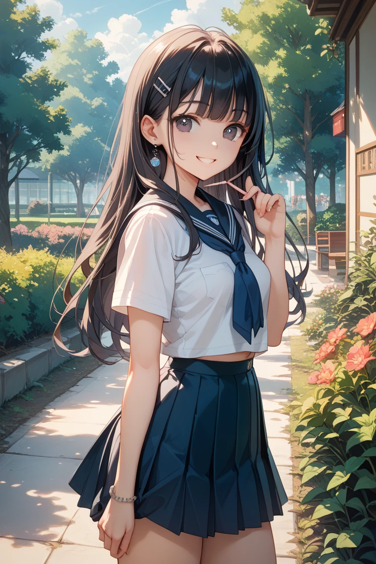 young woman、smile、((Straight Long Hair))、Blushing、((masterpiece、High resolution、16K))、((Random design spring clothes))、(Very close:1.5)、Forest Park、(Focus on the upper body:1.5)、((Lift up your skirt、Show me your pants))