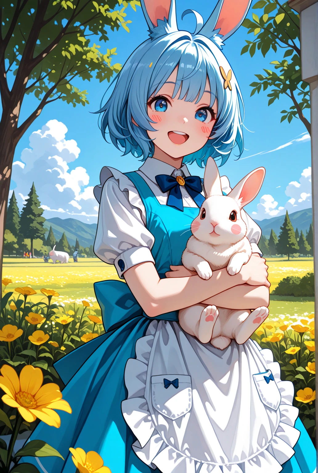masterpiece, best quality, amazing quality, very aesthetic, 1girl, outdoors, flower, animal_ears, blue_eyes, smile, rabbit_ears, dress, blue_hair, short_sleeves, bug, butterfly, ahoge, open_mouth, yellow_flower, apron, holding, day, tree, short_hair, bow, bangs, looking_at_viewer, puffy_sleeves, sky, :d, shirt, blue_dress, white_shirt, hair_ornament, puffy_short_sleeves, cloud, blue_bow, animal, blush, holding_animal, solo, blue_sky, pinafore_dress, teeth, bowtie, upper_teeth_only, frills, rabbit, collared_shirt, blush_stickers, waist_apron, 