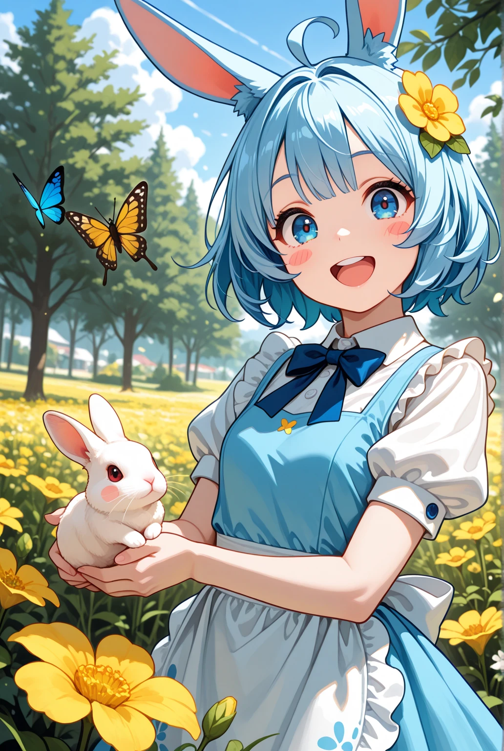 masterpiece, best quality, amazing quality, very aesthetic, 1girl, outdoors, flower, animal_ears, blue_eyes, smile, rabbit_ears, dress, blue_hair, short_sleeves, bug, butterfly, ahoge, open_mouth, yellow_flower, apron, holding, day, tree, short_hair, bow, bangs, looking_at_viewer, puffy_sleeves, sky, :d, shirt, blue_dress, white_shirt, hair_ornament, puffy_short_sleeves, cloud, blue_bow, animal, blush, holding_animal, solo, blue_sky, pinafore_dress, teeth, bowtie, upper_teeth_only, frills, rabbit, collared_shirt, blush_stickers, waist_apron, 