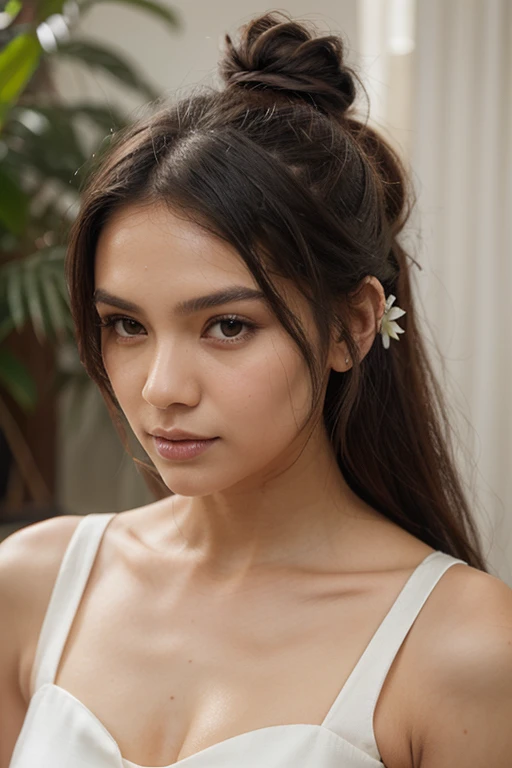 draw a man with a masculine aura, sharp gaze, and brown skin with a muscular body and long hair that is half tied and half loose. then beside him there is a petite woman with white skin, black hair and wearing a white kebaya with her hair in a bun and using a hairpin with an eagle picture on it and then a jasmine flower tucked into her black hair that is in a bun with the latae of the Indonesian kingdom