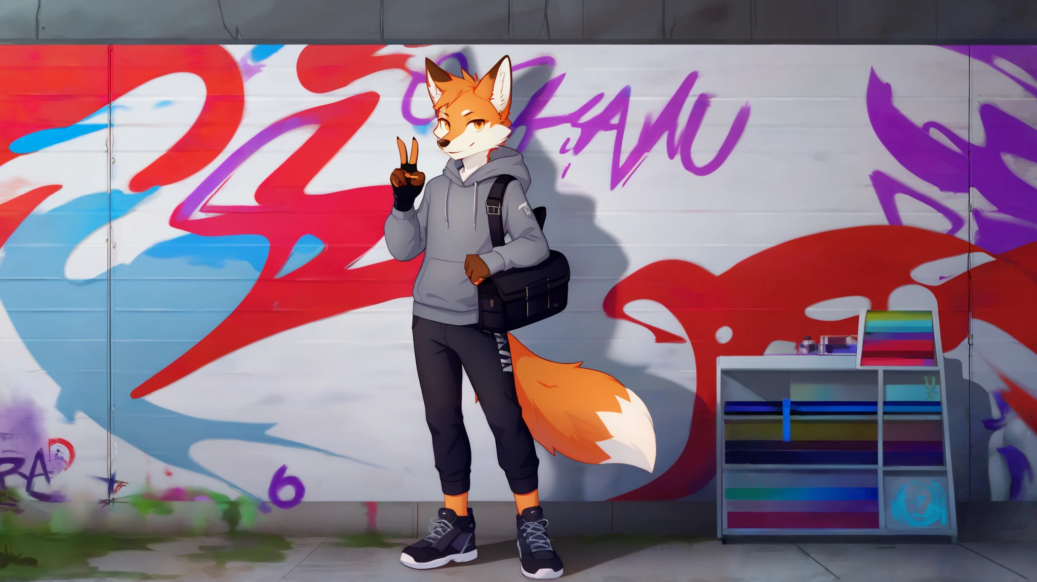 anthro A young furry orange fox of European appearance, presumably in his s, is depicted full-length. He stands with his back turned to the viewer, he makes a “peace” gesture with his two hands. He is wearing a gray hooded sweatshirt long sleeves and black fingerless gloves. He has a calm expression on his face. The body is slim. in the background is a wall with graffiti The color palette is mostly gray and dark gray shades, with accents of black. over the shoulder belt from the bag. fluffy tail. illustration, hand-drawn, bold linework, anthro illustration, cel shaded, 4k, fine details, masterpiece, (anthro:0.1)