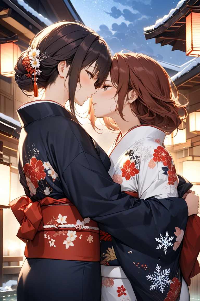 Brown haired sisters,Lesbian,In heat,They are hugging each other,kimono,Half naked,penis