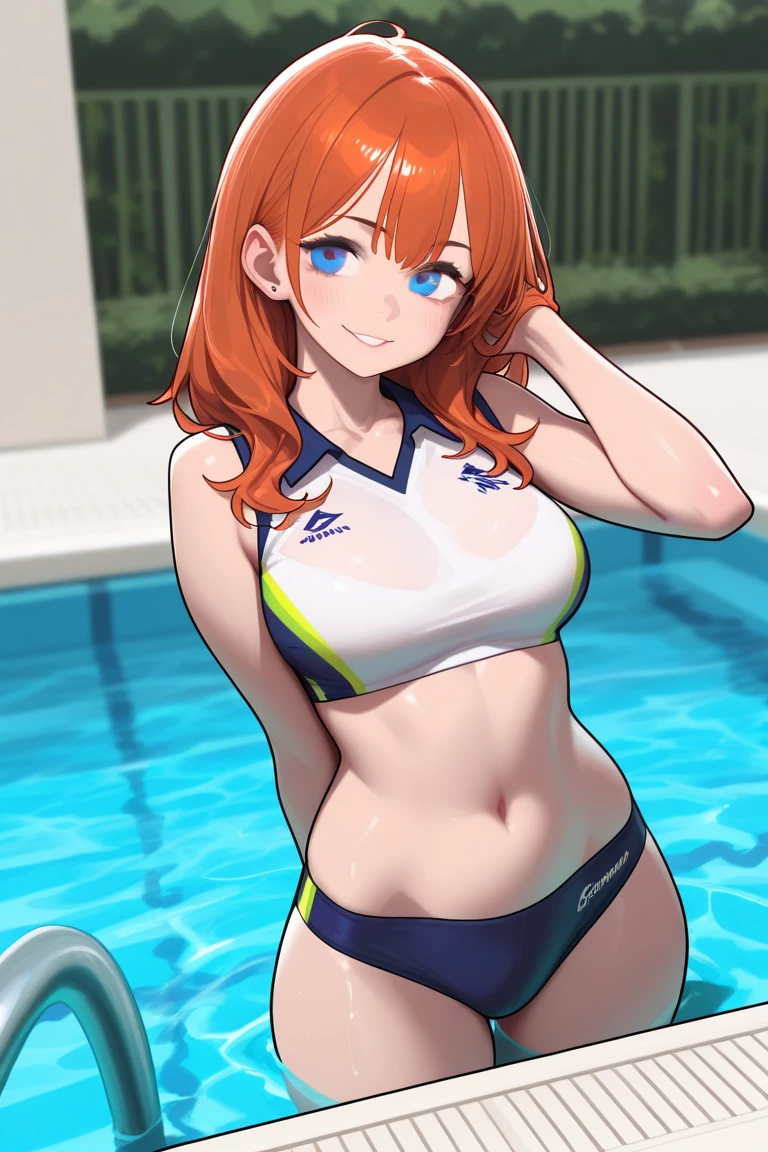 Maki nishikino,love live style, red hair, purple eyes, on ground, laying on side, cleavage, bikini, printed bikini , wet