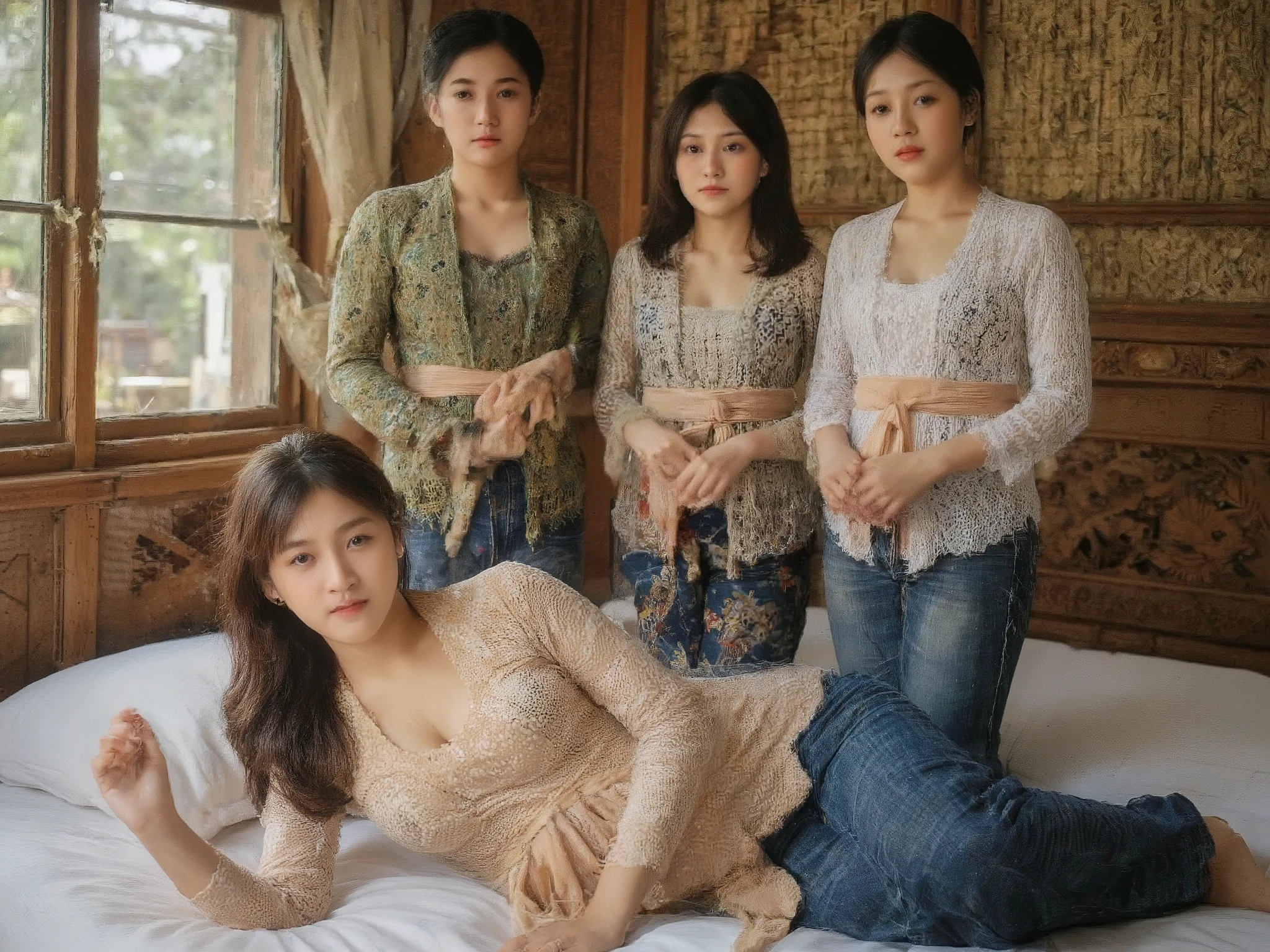 top-quality, masterpiece, young beautiful girl, large breasts, straight hair, natural light, white skin, Asian, pregnant, very big belly, tunic dress and long jeans pants, its on a bed, wearing a delicate traditional kebaya. Surrounding her, her family members—both male and female—stand with neutral expressions, creating a tense atmosphere. The background features a traditional Javanese house with intricate wooden carvings, woven bamboo walls, and dim lighting that enhances the dramatic mood. Soft light filters through the wooden windows, adding depth to the quiet yet emotionally charged scene.