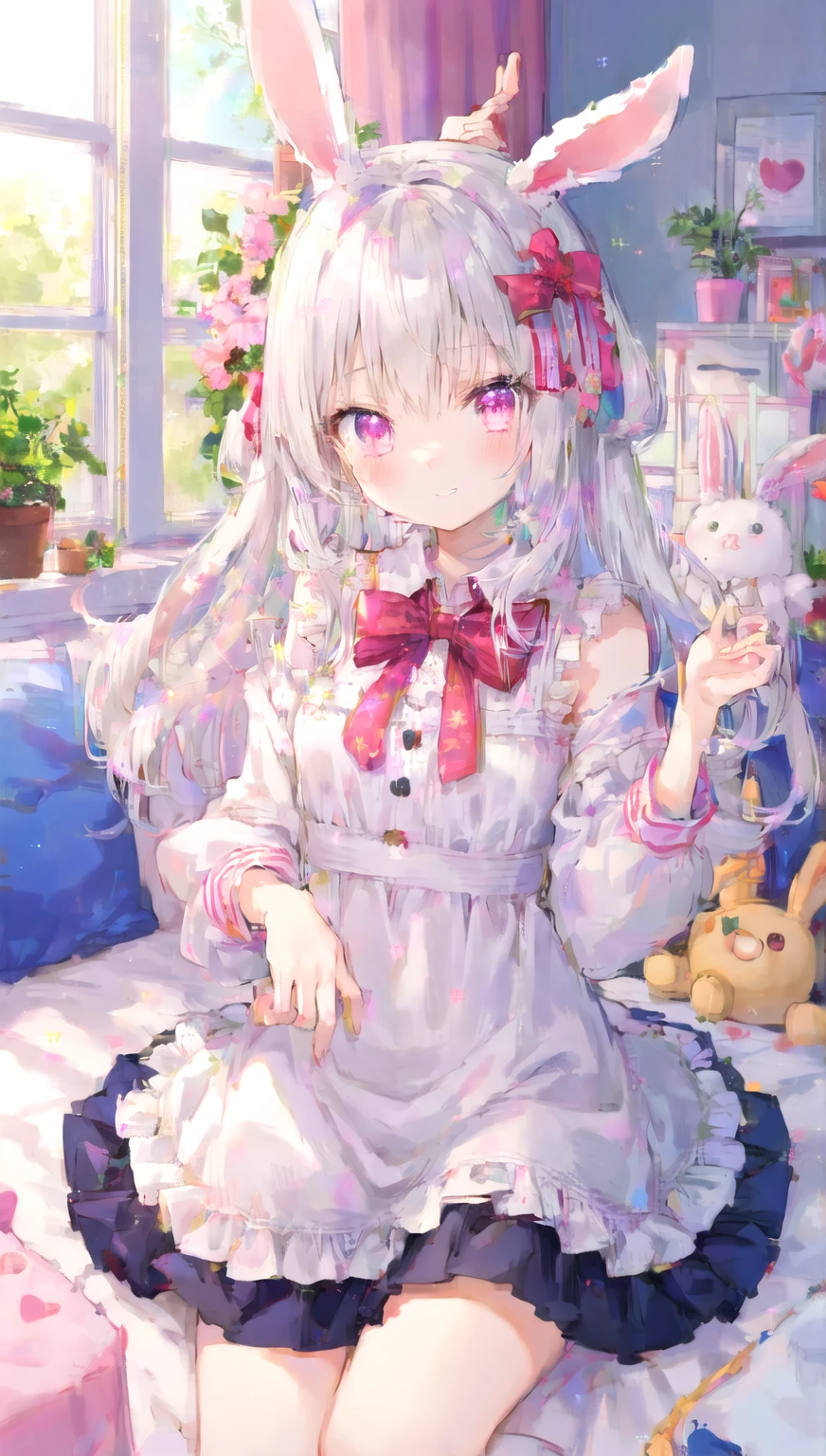 masterpiece, best quality, Very detailed, illustration, Beautiful and delicate eyes, close up, A girl. White hair, Pink bow, White pajamas. Crouching on the floor, searching through the clothes basket