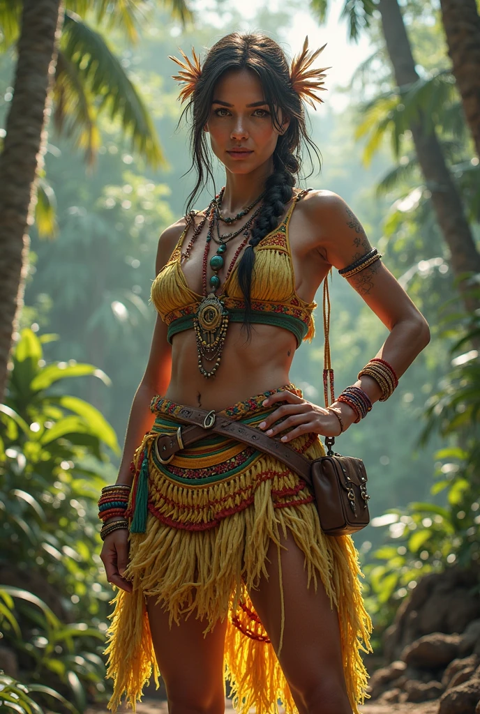 A beautiful, fierce and wild native woman from tropical lands, hot with an athletic body and toned abdomen, she stands out with tanned skin marked by battle scars. She wears a green leather top tied with vines, hugging her voluminous breasts, combined with a short skirt made of brown and gold plant fibers. Her feet are shod with rawhide sandals, and she wears a large, vibrant headdress of nine feathers. Her body is decorated with necklaces and bracelets made of teeth and stones, reflecting her wild nature. indomitable ferocity.