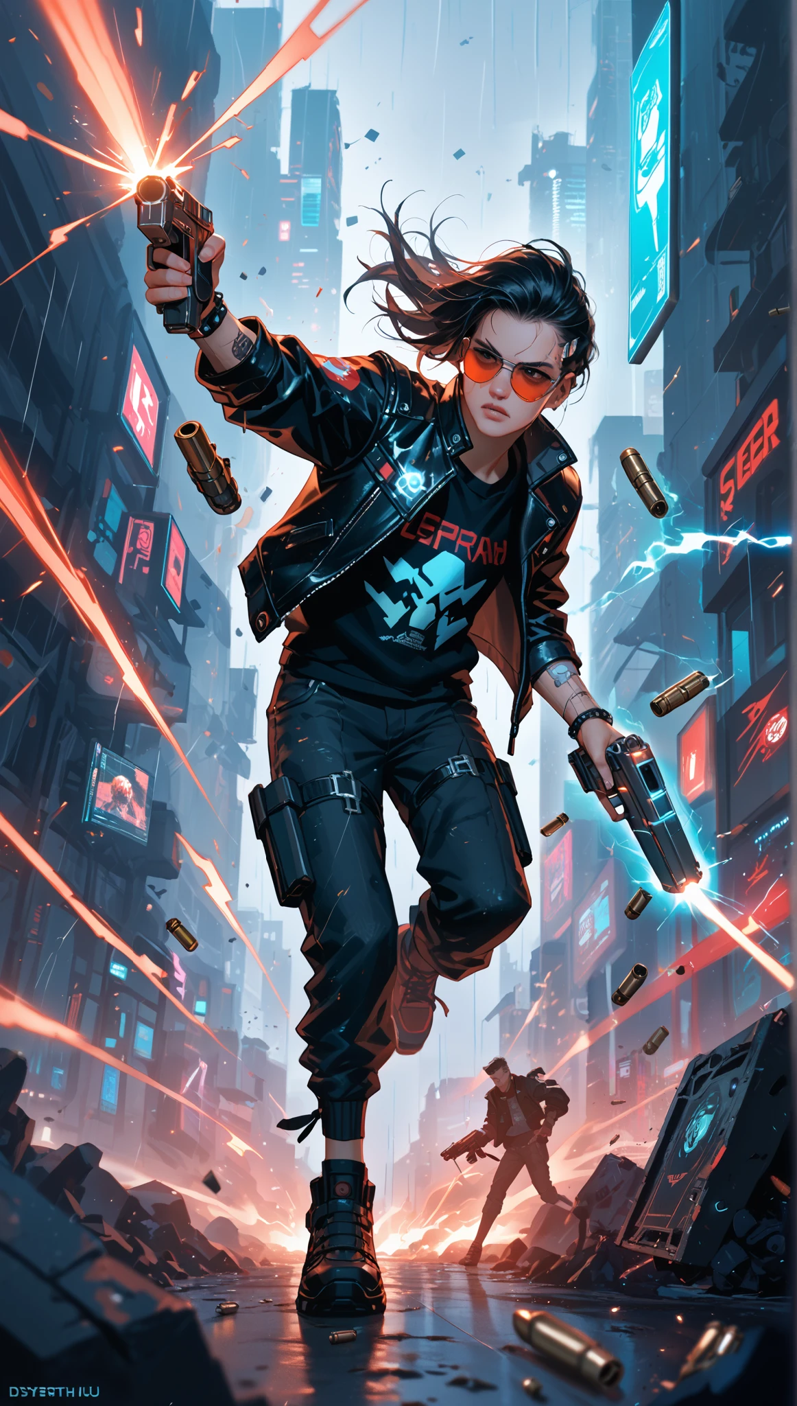 Cyberpunk, Gunfight, Futuristic City, Neon Lights, Rainy Streets, Johnny Silverhand, Long Dark Hair, Red Cybernetic Arm, Sunglasses, Rocker Outfit, Black Leather Jacket, Samurai Logo, Silver cybernetic Arms, High-Tech Pistol, Explosive Action, Bullet Trails, Smoke and Sparks, Holographic HUD, Dystopian Atmosphere, Intense Combat Scene, Rebel Attitude, Energy Pistol cannon, Sci-Fi Weaponry, Flying Debris, Holographic HUD, Dystopian Atmosphere, Intense Combat, Glowing Bullet Trails , Energy cyber cannon, glowing energy beam,