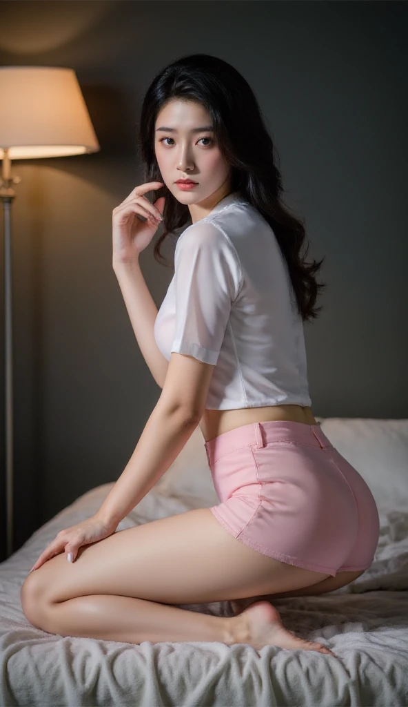 in 8K, Realistic, Raw photo, Natural light, Face Fill, 1girl in, 21 Year Old Woman, Super beauty、The cutest in the world、Brown hair, Black Eyes, small head, Perfect, perfect buttocks, Big eyes, Real Face, Textured skin, Full body photo、middlebreasts、Nurse、The background is a private room in a hospital、Realistic background、Angel in White、Talking to the camera、Holding a syringe in your hand、Ultra short skirt、Sensual Woman、torolaying on bed、Legs open、((camel's toe))