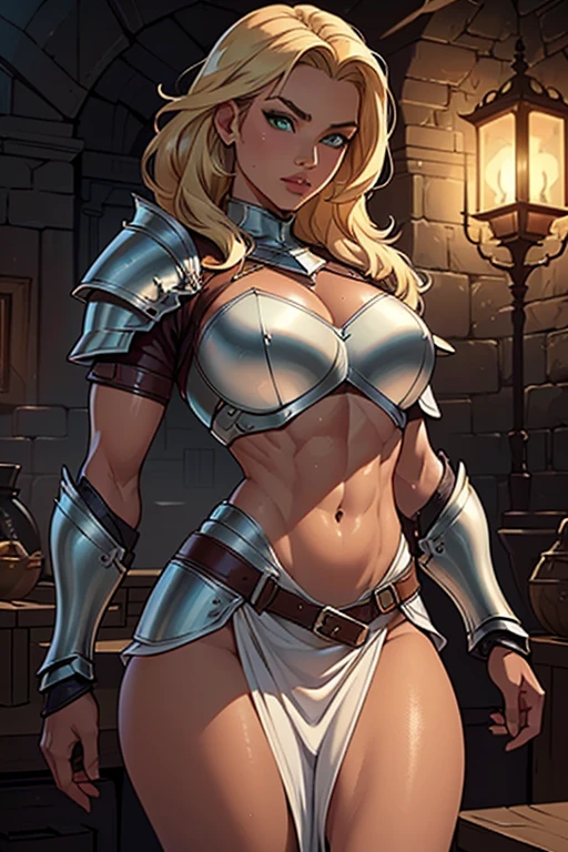 sexy blonde warrior, blue eyes, short haircut, apocalyptic survivor, leather belts, slight smile, firery backdrop, seductive, bikini, nipples