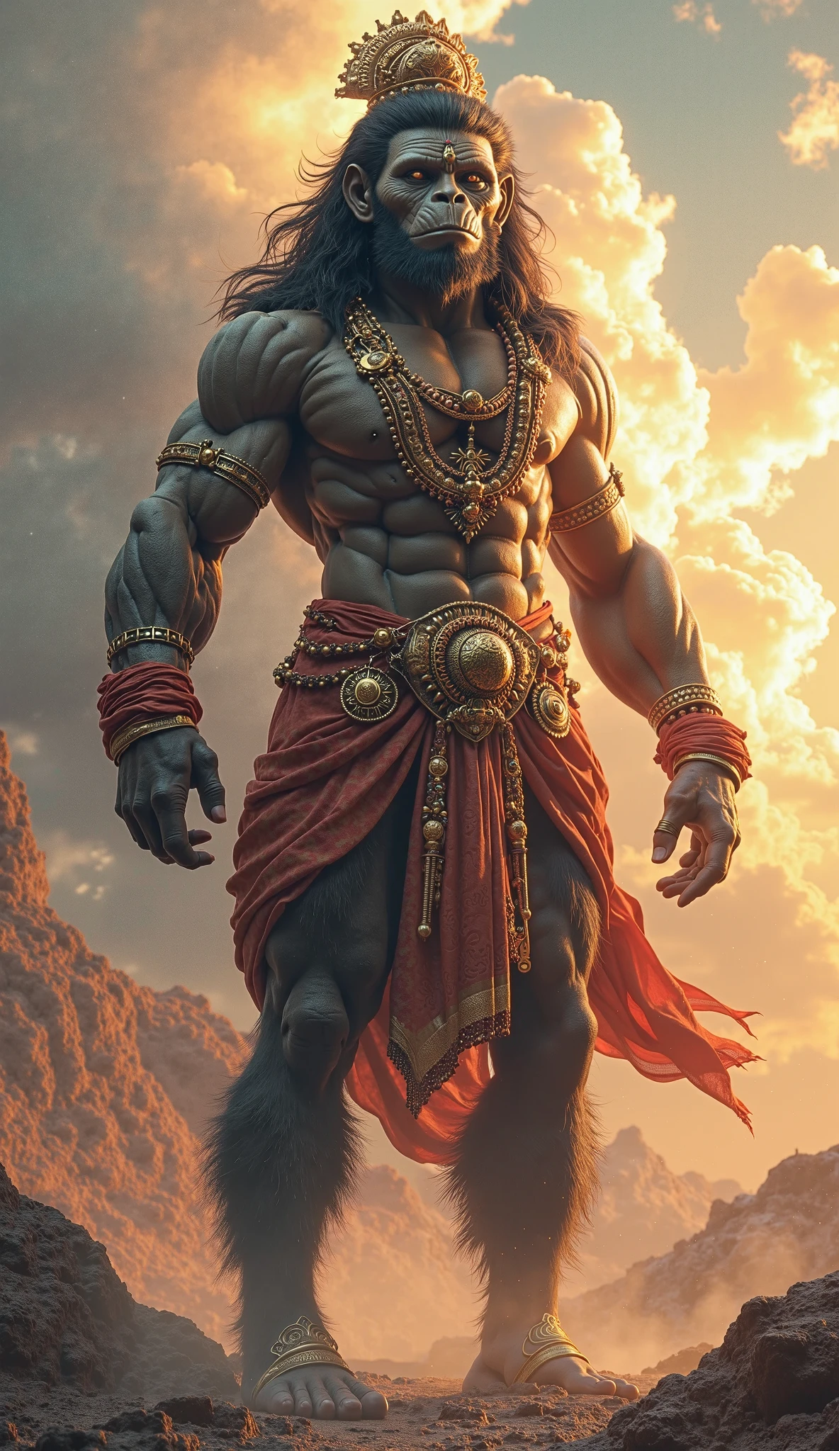 (biopunk) Cliff lord Hanuman full body sculpted to resemble the letters "ॐ" nestled in a rugged terrain, overlooking a serene ocean at sunset, shadows playing across the textured surface, contrast between the dark cliff and the golden sky, wisps of clouds gently dancing overhead, natural light, ultra realistic, breathtaking surreal masterpiece