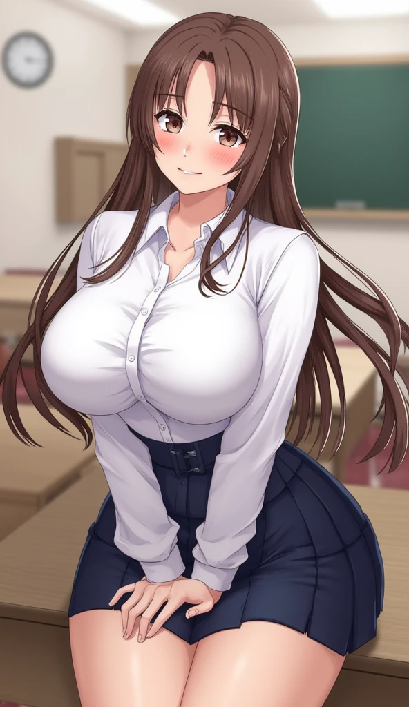 seductive anime girl, [ 4 k digital art ]!!,ultra realistic picture, overdetailed art, 8k high quality detailed art,curvy tanned gyaru,(tareme,thick lips:1.2),see-through dress shirt,cute lingerie,cardigan,school uniform,long pleated skirt,brown wavy hair,(tanned skin:1.3),dark skin,loose socks,sweaty,close up,blushed, standing in classroom,revealing clothes,close up,face focus