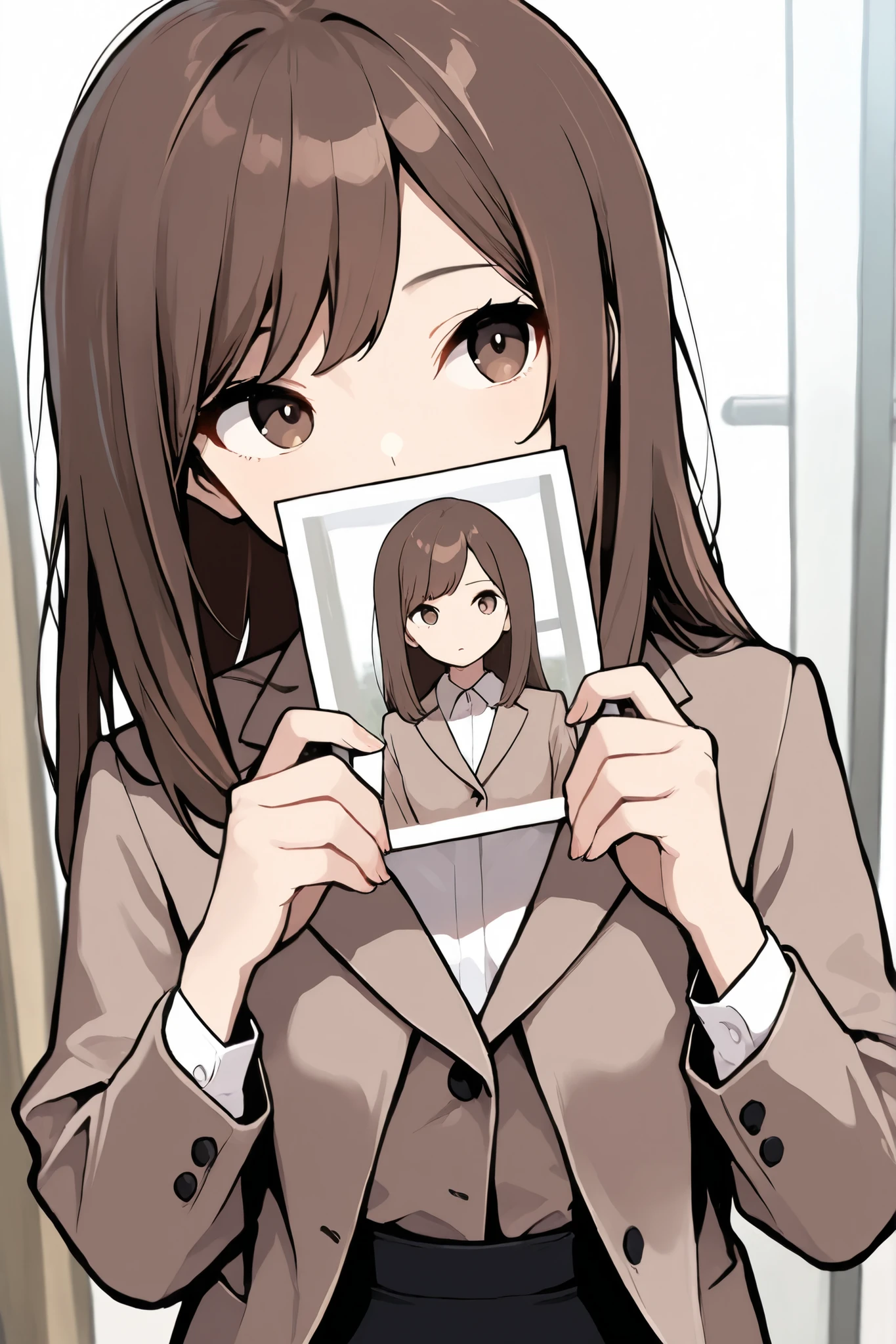 masterpiece, best quality, highest resolution,1 girl, right brown hair, long hair, brown eyes, side gaze, holding picture, office background, front view
