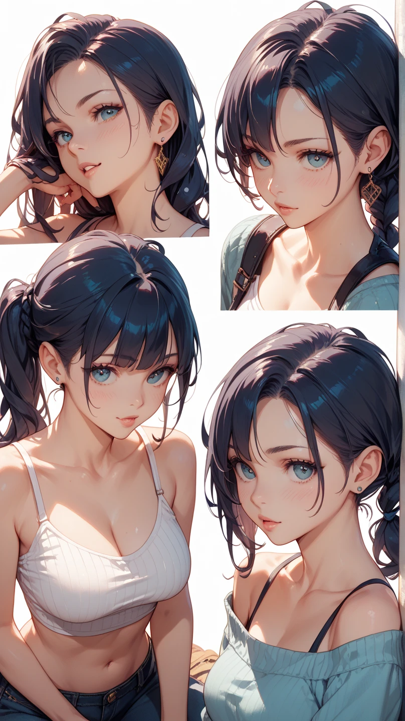 Top quality face,((Top Quality, 8k, Masterpiece: 1.3)),girl, (long black hair and blue eyes), ( 16 years old), (very small round breasts),Ultra detailed face, detailed eyes, double eyelids, (body builder:0.8),(shiny skin:1.2),(naked:1.2), character turnaround, Front view, Side view, Back view class, ((character design sheet)),(full-body view),character design sketch in various perspectives,