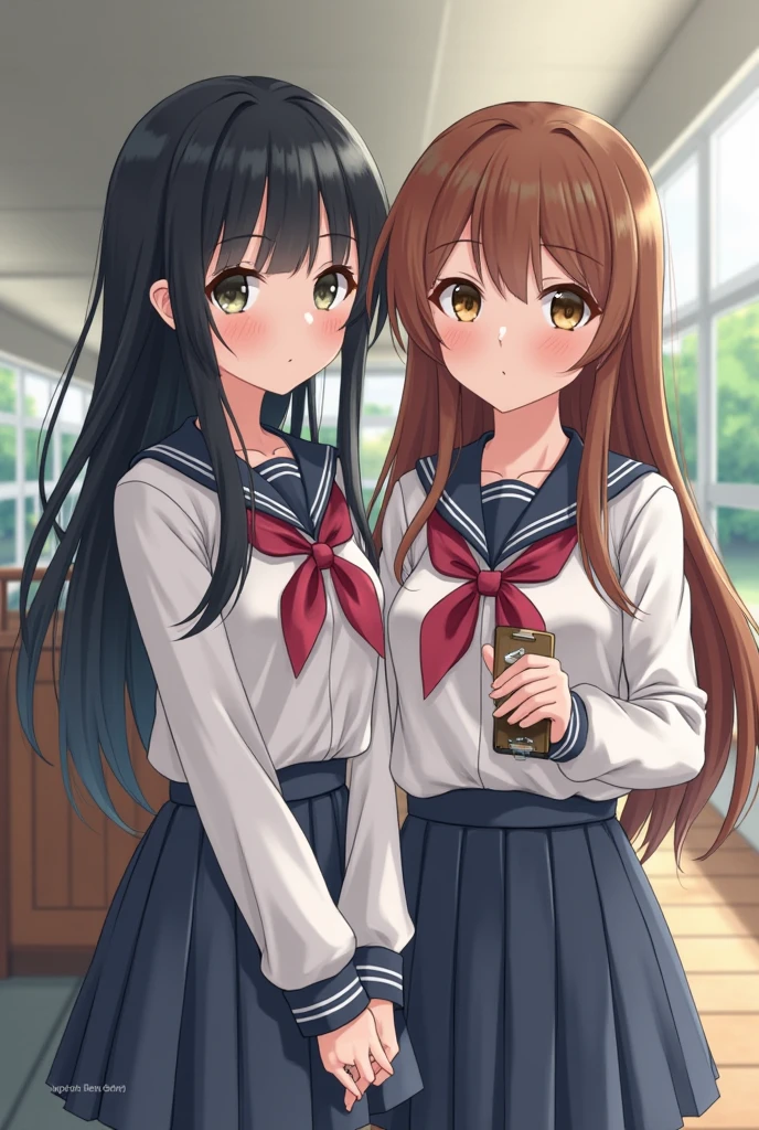 Two high school girls sitting on a park bench and licking soft serve ice cream、seductive smile、