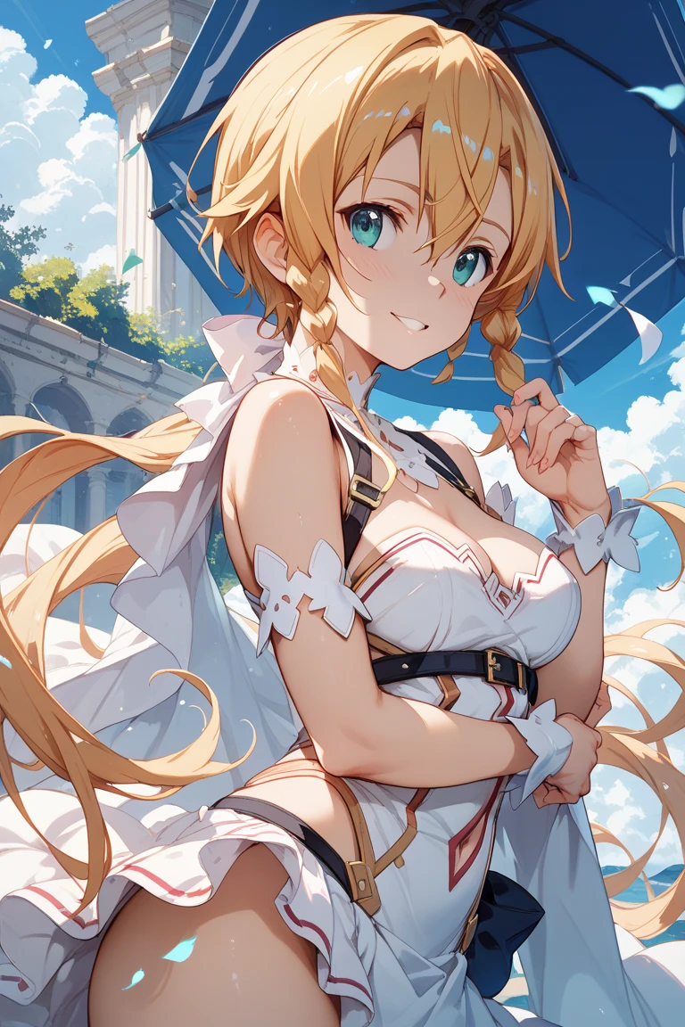 Lumine | genshin impact, master-piece, bestquality, 1girls,25 years old, proportional body, proportional., long-haired, Wear Hanbok, gigantic breasts, ,bara, choker, Standing in the middle of a flower garden, outdoor, The sky is beautiful, arm behind back, against wall, View viewers from the front., Thigh strap, Head tilt, bored, 10, 10, HD, slight smile,