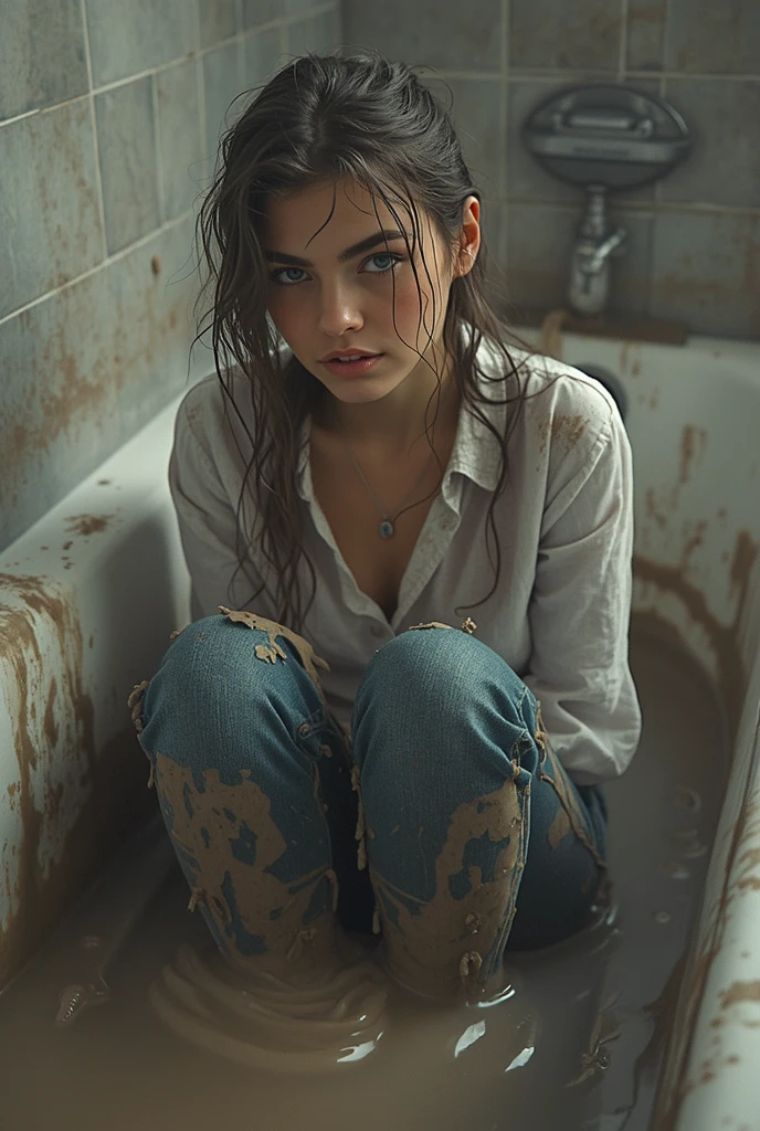 hyperrealistic, naked small expose her pussy, shaved pusy, dirty body, pissing, ass hole, sweaty and stinky body. She is covered by a lot of cum. She I sitting in the dirty wet ceiling. Open legs