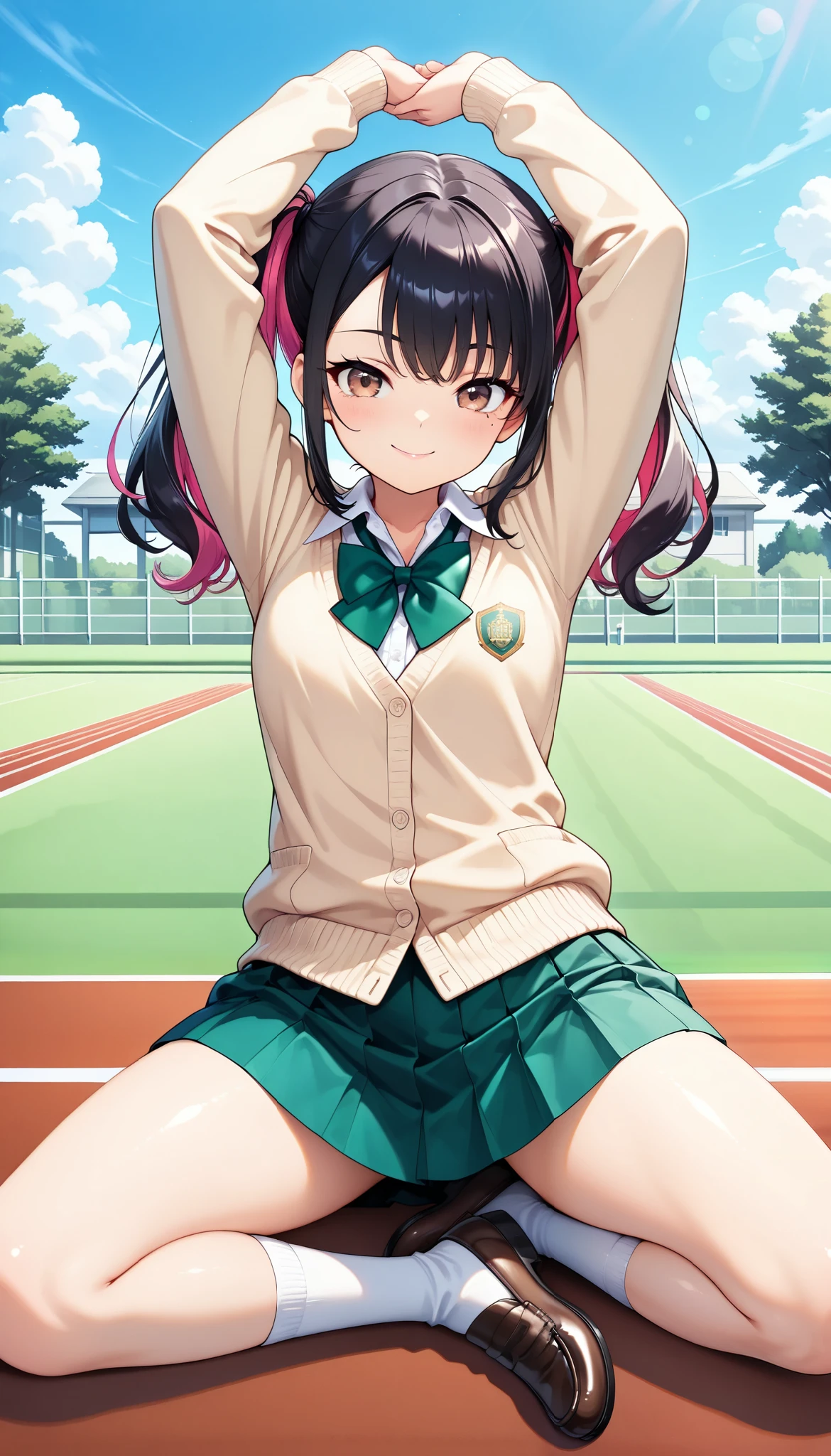 1 female, (Minami Yoshikawa), black hair with pink inner color hair, twin tails, asymmetrical hair, brown eyes, mole under the eye, slight build, with a cheerful smile, beautiful shining eyes, glossy lips , very detailed目と顔, Long Lashes, perfect face, Beige Cardigan, shirt, bright green bow tie , green pleated skirt, White socks, loafers, Gymnastics, Lateral bending and stretching, stretch out your arms, (School schoolyard landscape:1.2, athletics track background, School building, fence), (top quality:1.2, very detailed, CG illustration, masterpiece:1.2, Aesthetics at its best),