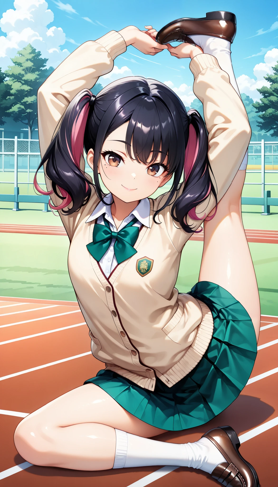 1 female, (Minami Yoshikawa), black hair with pink inner color hair, twin tails, asymmetrical hair, brown eyes, mole under the eye, slight build, with a cheerful smile, beautiful shining eyes, glossy lips , very detailed目と顔, Long Lashes, perfect face, Beige Cardigan, shirt, bright green bow tie , green pleated skirt, White socks, loafers, Gymnastics, Lateral bending and stretching, stretch out your arms, (School schoolyard landscape:1.2, athletics track background, School building, fence), (top quality:1.2, very detailed, CG illustration, masterpiece:1.2, Aesthetics at its best),