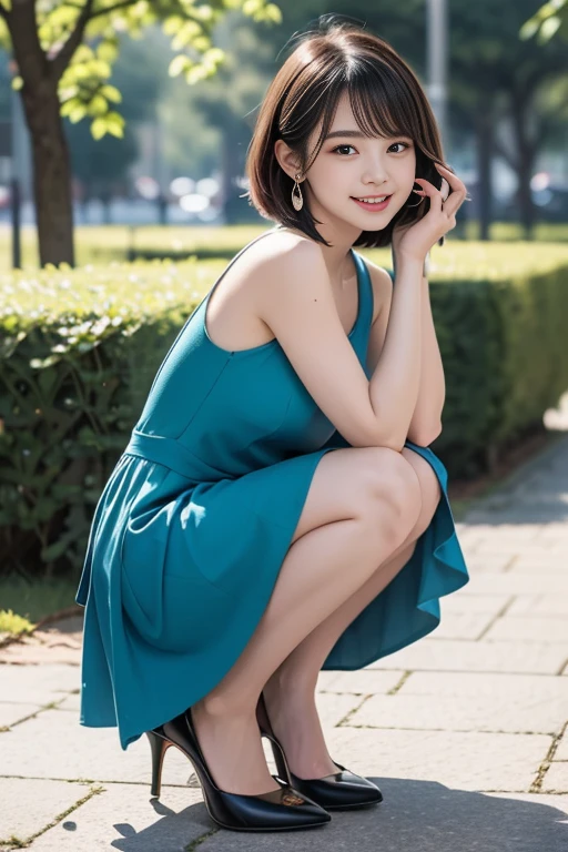 最high quality, In 8K, Masseter region, Vibrant, Sharp focus, high quality, High resolution, Detailed face, fine grain, Thick lips, (Looking at the audience), alone, Beautiful woman, 38 years old, (Short black hair:1.6),(Standard body type)、(D cup breasts)、(Orange short sleeve dress:1.6), afternoon、In front of the garden in the park,Sit cross-legged on a bench:1.5、(smile:1.6)