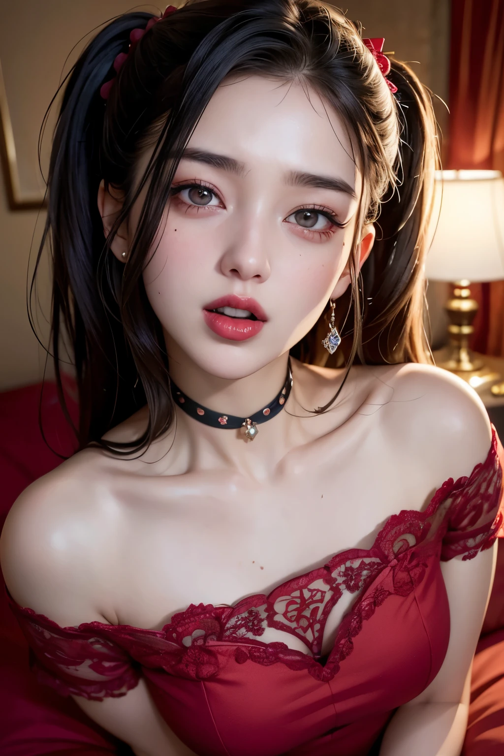 Amazing portrait of a woman who is 30 years old and an adult and a cute woman with her black hair in two medium ponytails having sexy eyes in an intense eye contact and a small nose with red lips having an orgasmic face showcasing her neck and collarbone in a loose dark pink t shirt emphasizing her bare shoulder as she's lying on bed with her head on pillow facing up in her bedroom which is a dark room with one lamp during night time with soft lighting showcasing her red lips and her beautiful face in detail and close up