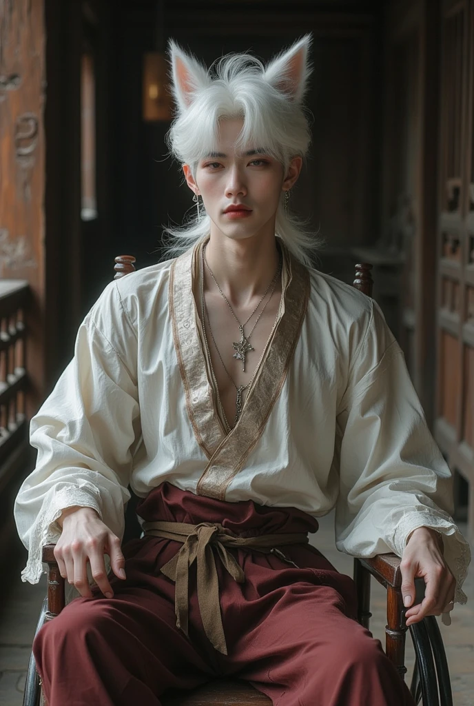 A long white haired handsome young asian prince with a pale with skin, wearing an imperial clothing, sitting on a high throne, his hair tied to a bun