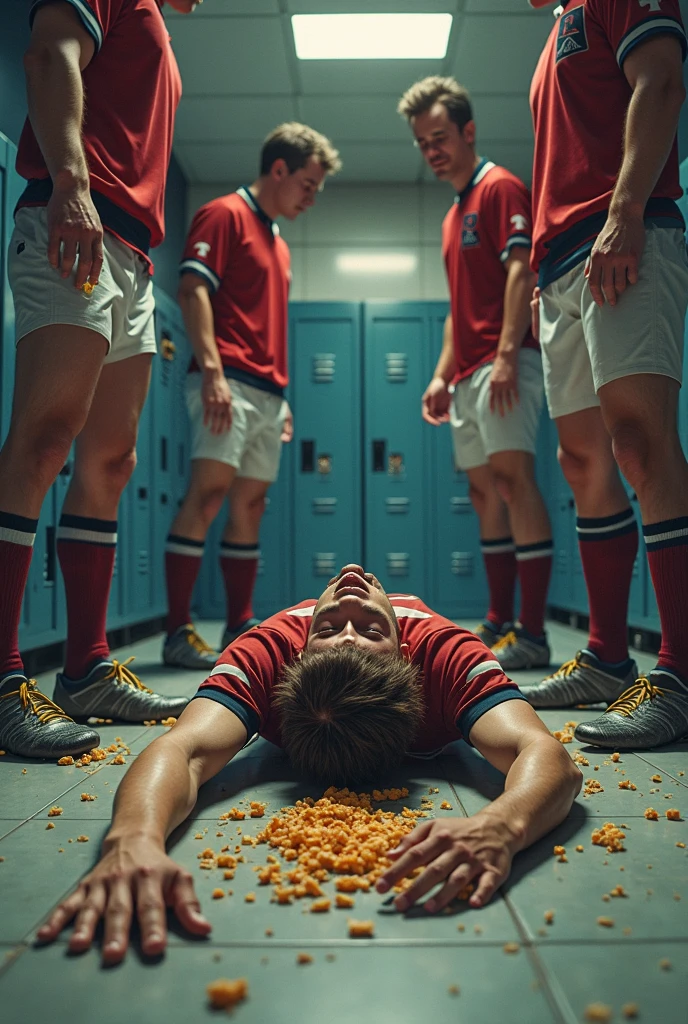 masterpiece, best quality, ultra detailed, ultra high res, 8k, Japanese, red tracksuit, partially removed clothes, panties moved, anus, semen dripping from the anus, on back, missionary position, embarrassed, after-action, used condom, park, onlookers