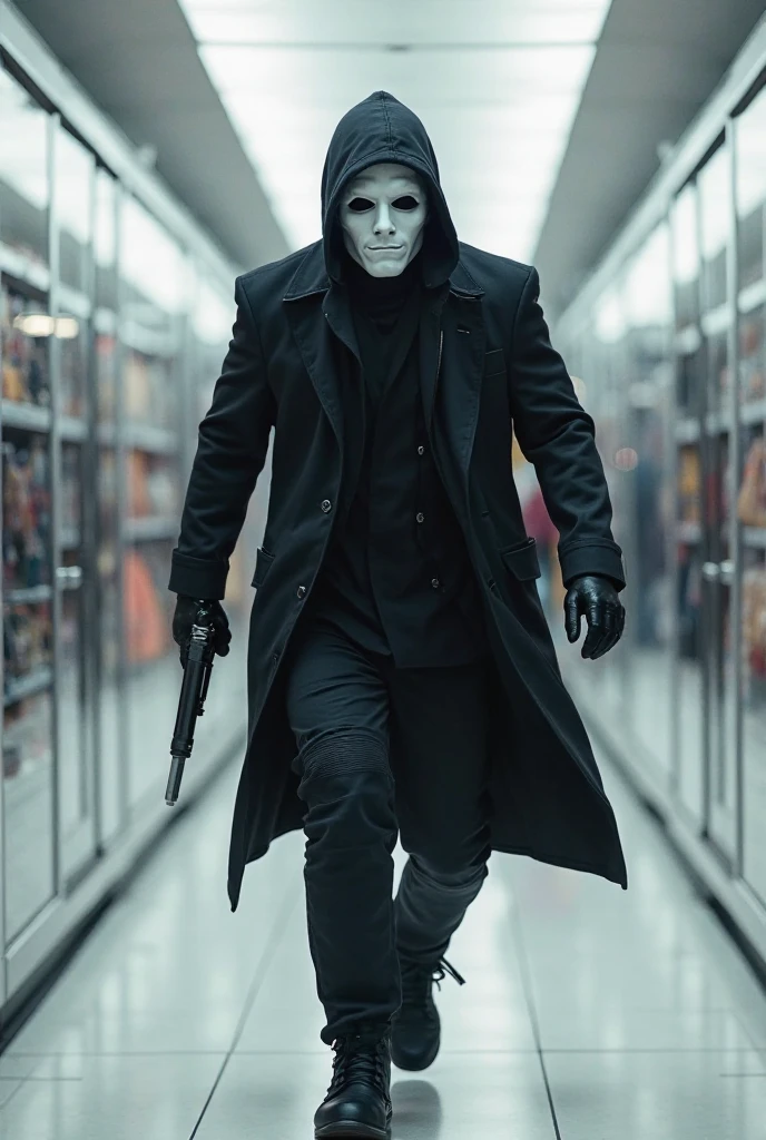 "A terrifying clown mask killer in a long black reaper-style cape walking down a school hallway at night " --auto