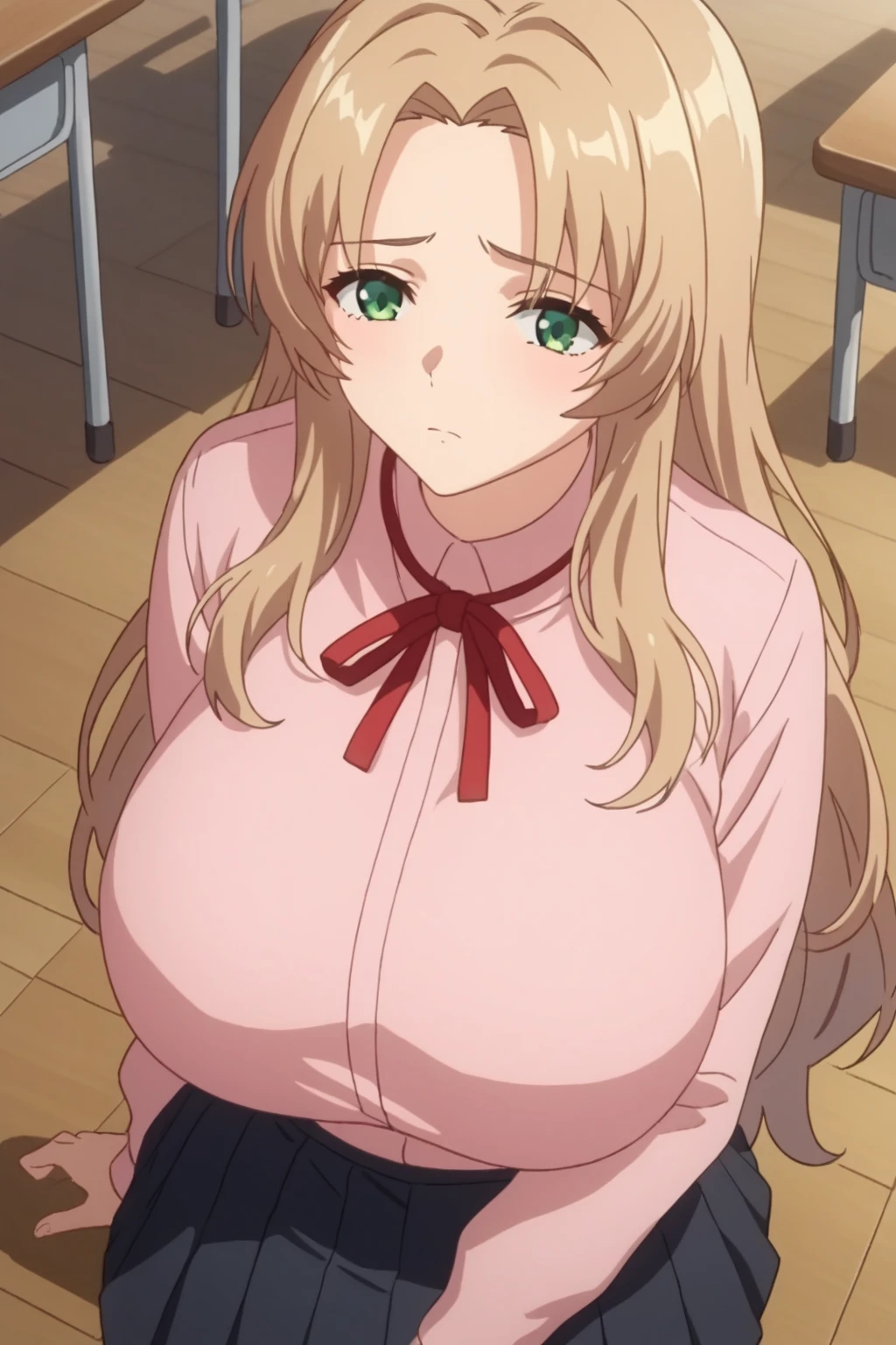 sanada_minakov, blonde hair, long hair, 8k, HDR , looking at viewer, from front, upper body, focused chest and face,sanada_minakov, blonde hair, long hair, pink cardigan, dark city alley, green eyes, ((large breasts)), huge breasts, masterpiece, best quality