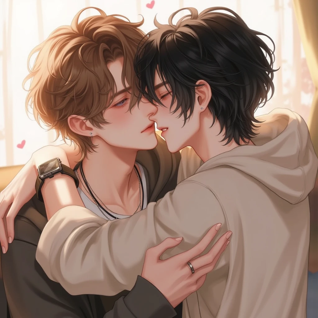 Best quality, masterpiece, very detailed, detailed background anime boys standing in the ocean, birds flying around, anime beautiful peace scene, Superb, stunning, ultra high image quality, realistic, two 18 yo boys, (beautiful face 1.4), (big, constricted waist), short brown hair, bokeh, BL, muscle, beautiful light, shiny skin, small head, shirtless, , hug, kissing on lips, feeling love,