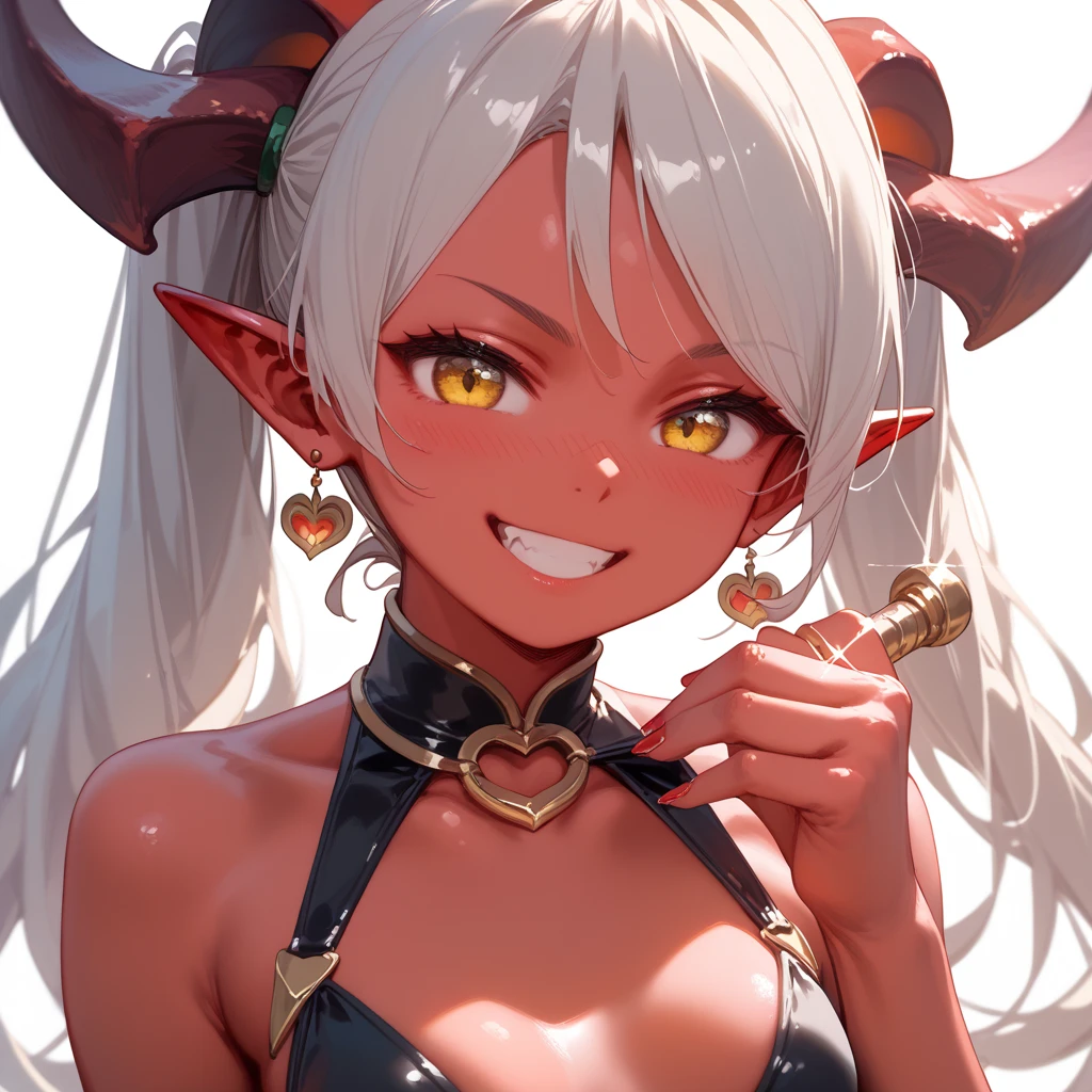 Latex outfit, with black demon horns, seductive pose, seductive smile , red eyes, mind control by succubus