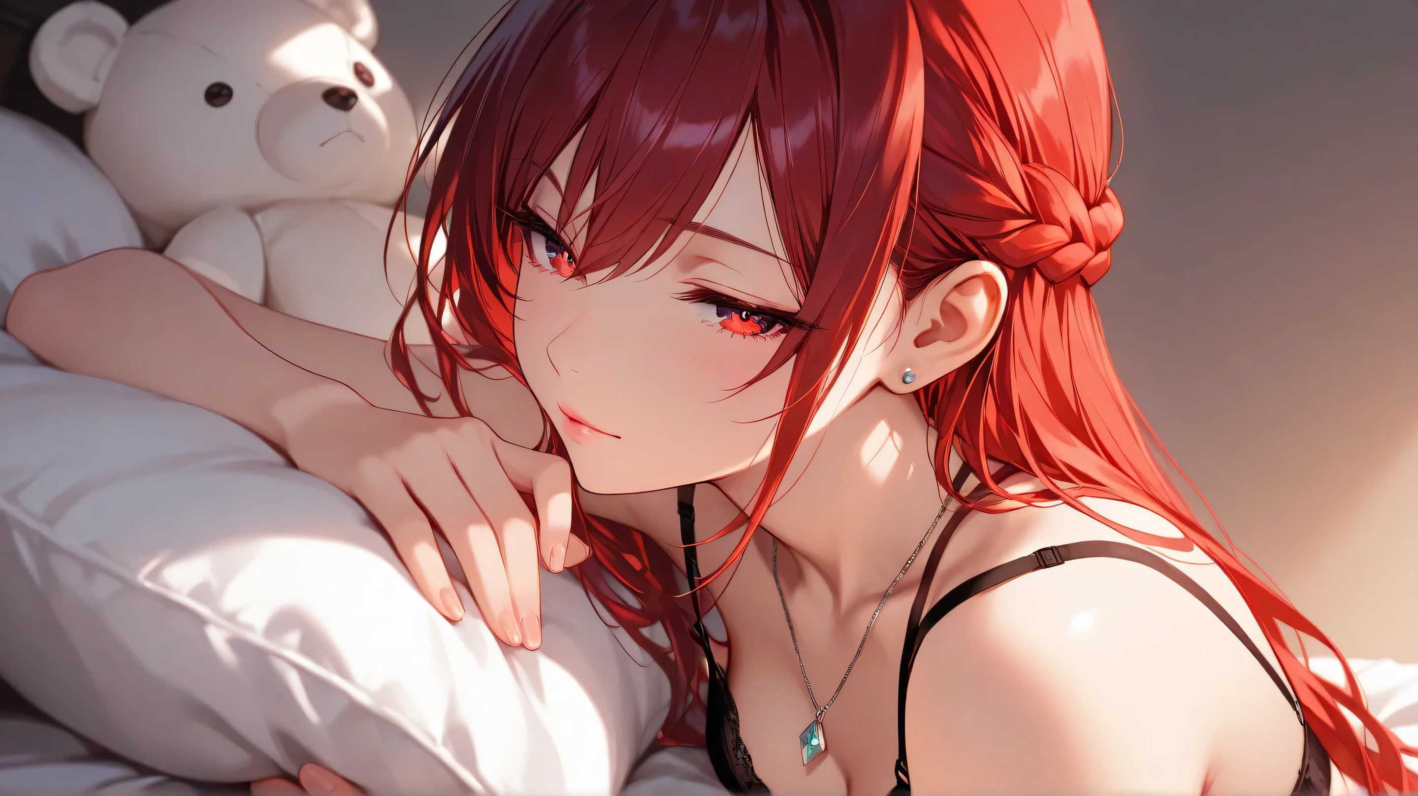 She is cute,
A beautiful anime girl lying flat on her back in bed,  
her head resting on a large, soft-looking pillow, with a stuffed teddy bear cub beside her,  
sharp focus (1.4), crisp outlines, bold yet delicate lines,   
cell-shaded, vibrant harmonized colors,  subtle gradients,  
crisp facial details, well-defined features, stunning clarity,

Beautiful almond-shaped eyes with detailed irises, 
warm red eyes with subtle golden undertones, 
gentle shading, beautiful eyes, detailed eyes, detailed irises, 
eyes with stunning clarity,  exquisite eyelashes, 　
Eyes with a sharp, confident look,

(soft red hair color, long hair), French braid, 
silky smooth hair, delicate strands,  
delicate flowing strands spread across the pillow, cozy bedding, 

fair flawless skin, soft pink lips, slender figure, 
She is wearing a see-through bra (black bra:1.3), Silver heart-shaped necklaces, simple stud earrings, strap slip
soft ambient lighting.
white background, 
perfect anatomy, correct generation of hands, 4fingers and 1thumbs, visible hands in a natural pose, both hands clearly visible, nice hands, perfect hand, (fingernail:1.3).
1girl(1.7), solo(1.7), no additional characters,
Masterpiece, best quality, ultra-detailed, 8k resolution,
[closed eyes: (narrowed eyes:1.1), Bewitching grace], 
calm and composed gaze,
face shot, front view, extreme close-up view, looking at viewer, profile,
relaxed pose, 
highly detailed face, refined body, flawless skin, no tattoos or symbols on face.