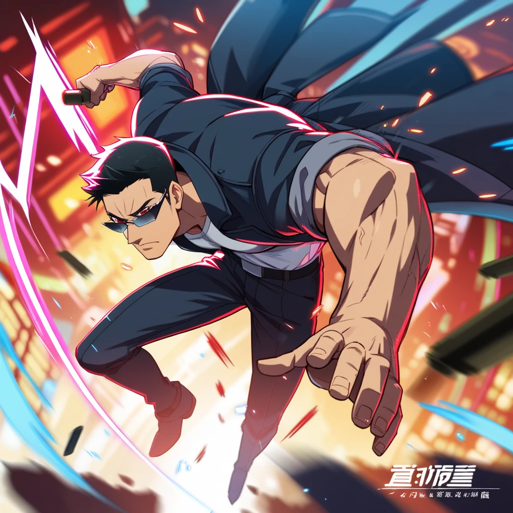 anime,  Motion Blur, Physics-Based Rendering, Slow Motion,  masculine man, towering height , strong manly muscle ,long muscular legs ,  tight-fitting yakuza style, open black trench coat, very tight, Assault Rifle, short black hair , combed back hair , Red eyes , sunglasses , 24 years old, Dynamic Pose, Firing bullet, Agile Movement, Focus Expression, Focus, Blurry Background, in the city, Neon Lights