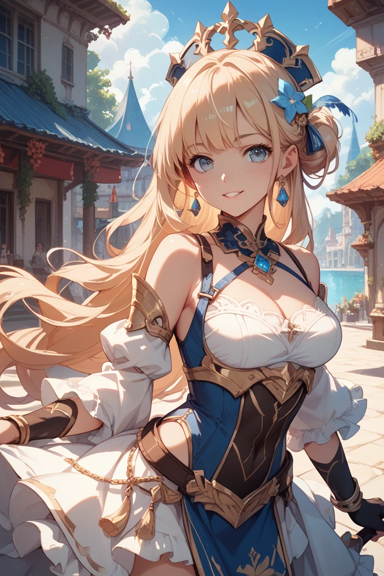 4K,hight resolution,One Woman,a blond,Longhaire,Blue eyes,Colossal tits,valkyrie,white holy armor,jewel decorations,Winged headgear,Temple in the Sky