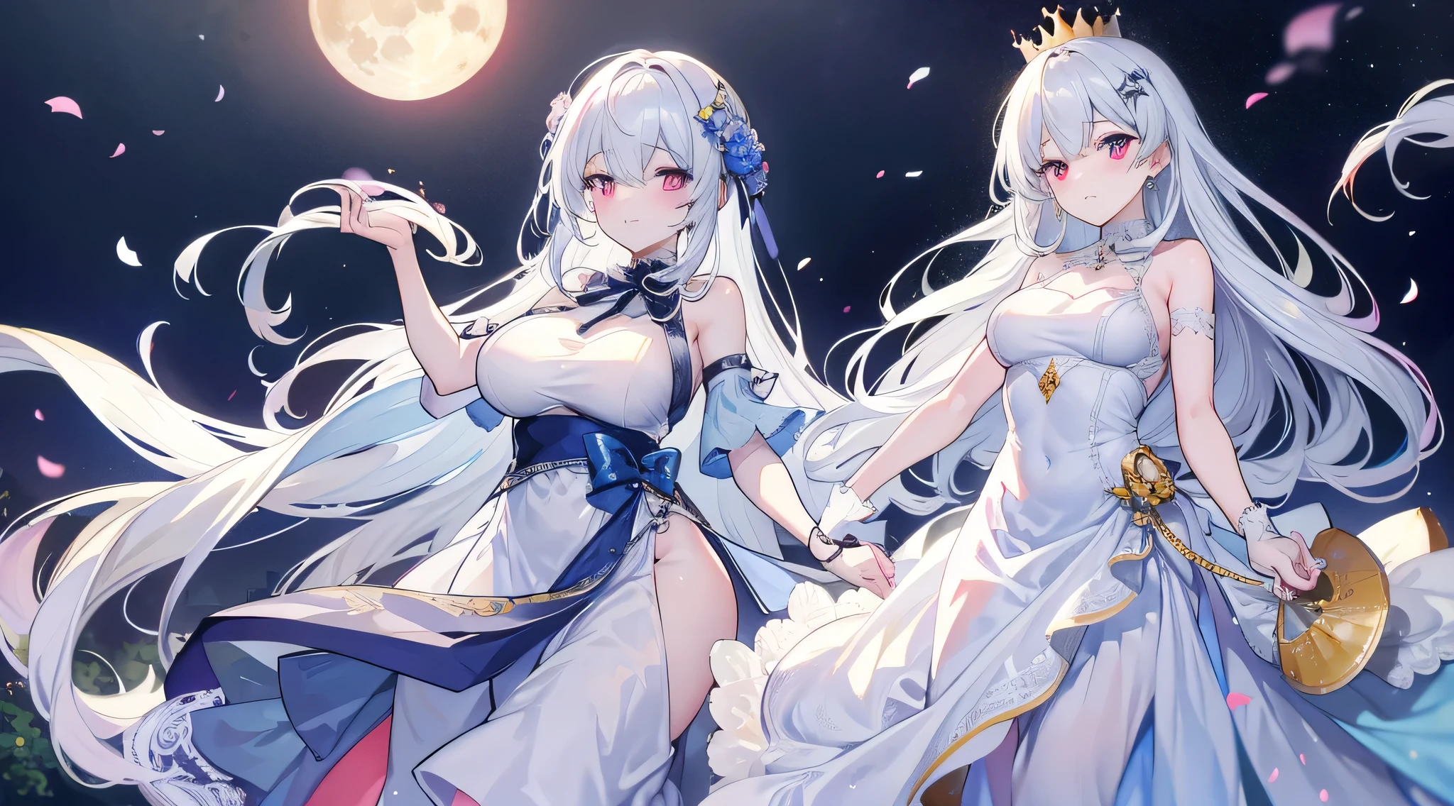 HairstyleとHair Color:
Hairstyle: long、Flowing blue hair。With silver highlights、Shining like moonlight。Hair is light and swaying in the wind。
Hair Color: Blue and silver gradation、Shining like moonlightがある。
Eye Design:
Eye color: In deep purple、There's a sparkle like stars in your eyes。まつ毛がlong、Mystical impressions。
Clothing and decoration:
tops: Lightweight chiffon blouse、Light pastel colors and floral patterns。Design that exposes shoulders and back a little。
Bottoms: A long skirt made of lightweight material。Flowing design that sways in the wind。
accessories: Moon and star motif jewelry。Star-shaped earringoon pendant around neck。Simple and elegant。
hat: Wide straw hat。Decorated with ribbons and stars。
Sandals: Lightweight and simple design。
Physical buildとposture:
Physical build: Slim and elegant、The figure is delicately feminine。Overall an elegant look。
posture: 自然で落ち着いたposture。Standing gracefully、Or walking lightly。
background:
A place rich in nature、A place where the starry sky and moonlight shine in。A little bit fantastical、Drawn to bring out the charm of Lunaris.。